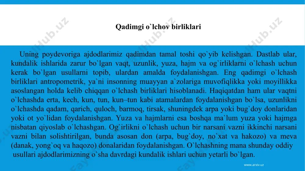 noaniqliklarga yo`l qo`ygan, masalan uzunlik birligi -olchin to`g`risida so`z borganda; bu olchin o`lchov birligi 71,12 sm ga teng bo`lgan rus arshinning o`zi bo`lib, u xorazmda, buxoroda va o`rta osiyoning boshqa joylarida ruslarning bosib olishdan ancha burun qo`llanila boshlagan - deb yozadi. bu - noto`g`ri fikr. «qadimiy o`lchov birliklari» qisqacha izohli lug`at muallifl n. axrorov quyidagilarni yozadi: masalan, rabg`uziyning «qissai rabg`uziy» asarida arshin ( arshin =65,2-112 sm ) o`lchov birligi keltirilgan. arshin (1 arshin = 65,2 — 112 sm ) rus o`lchov tizimiga i. grozniy tomonidan 1550 - yilda kiritilgan. olchin o`lchov birligida esa «olchin» to`qmoq deb ataladigan uzun dastali katta yog`och to`qmoq dastasi uzunligiga nisbatan olingan; uning uzunligi 71-72 sm ga teng bo`lib, qari, gaz o`lchov birliklariga teng va shu o`lchov birliklari bilan bir qatorda amalda qo`llanilib kelgan. yana shuni aytish kerakki, olchin o`zbek xalqining tarkibiga kirgan urug`lardan birining nomi. www.arxiv.uz www.arxiv.uz rus tadqiqodchisi n. v. xanikov fikriga ko`ra, 45 …