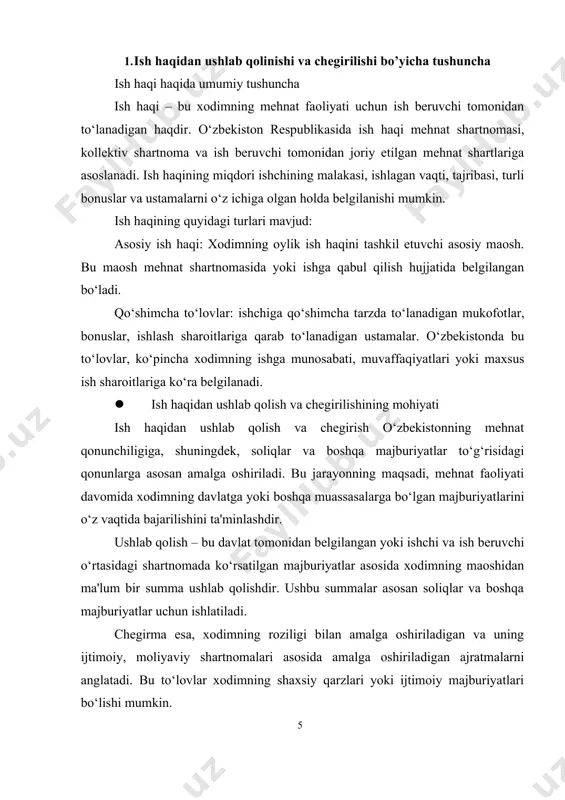 qonuniy asosda amalga oshirishga yordam beradi. soliq kodeksi: soliq kodeksiga muvofiq, daromad solig‘i xodimlarning jami daromadidan ushlab olinadi. shuningdek, ish beruvchi yuridik shaxslar ishtimoiy soliq tolaydilar. ushbu ajratmalar davlatga to‘lanadigan soliqlarni va xodimning ijtimoiy xavfsizligini ta’minlashga qaratilgan. · xodimlarning ijtimoiy himoyasi xodimlarni ijtimoiy himoya qilish mehnat qonunchiligiga asoslanadi va mehnatni yakunlash, kasallik yoki baxtsiz hodisa tufayli daromad topa olmaydigan va pensiya olishga haqli bo‘lgan xodimlarni qo‘llab-quvvatlashga yo‘naltirilgan. ijtimoiy himoya quyidagilardan iborat: pensiya jamg‘armalari: xodimlar o‘z mehnat faoliyatini yakunlashdan oldin ularga hisoblangan ish haqidan ushlanadigan daromad solig’idan hisoblangan ish haqiga nisbatan belgilangan stavka(hozirgi kunda 0.1 foiz) miqdorida summa hodimning xalq bankidagi “shaxsiy jamg’arib boriladigan pensiya taminoti”ga o’tkazib boriladi. bu ajratmalar kasbga chiqqan vaqtda yoki yoshga yetganida xodimga pensiyaga qoshimcha sifatida to‘lanadi.2 ijtimoiy sug‘urta:xodimlarni kasallik, mehnat faolligidan cheklangan holatlar yoki baxtsiz hodisalardan himoya qilish maqsadida ish beruvchi yuridik shaxslar tomonidan jismoniy shaxslar daromadidan olinadigan soliq va ijtimoiy soliq amalga oshiriladi. bu ajratmalar …