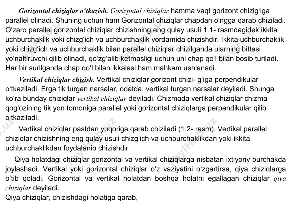 mm masofada unga parallel to‘g‘ri chiziq o‘tkazish uchun sirkulda 30 mm o‘lchab, a va v nuqtalardan yoylar chiziladi (1.3 -rasm). yoki a va v nuqtalardan to‘g‘ri chiziq kesmasiga 90° burchakda ingichka chiziq chiziladi va ularga 30 mm o‘lchab qo‘yiladi. so‘ngra hosil bo‘lgan 1 va 2 nuqtalar o‘zaro tutash- tiriladi (1.3-chizma). ko‘rsatkich kattaligi kontur chiziqlarning yo‘g‘onligiga bog‘liq bo‘lib, chizmaning hamma joyida u bir xil kattalikda bo‘ladi. chiqarish chiziqlari oxirgi ko‘rsatkichdan, chizmaning katta va kichikligiga qarab, 1—3 mm gacha chiqib tursa kifoya, ortiqchasini o‘chirib tashlash kerak. 2.2- rasm burchak o‘lchamlarini qo‘yish qoidalari 2.3- a rasmda berilgan. shtrixlab qo‘yilgan joydagi burchak o‘lchamlari chiqarib ko‘rsatiladi. aylana diametrining o‘l- chamlarini ko‘rsatishda o‘lcham soni oldiga ham ma vaqt diametrni ifodalovchi shartli belgi 0 qo‘yiladi (2.3- rasm). 2.3- rasm /docprops/thumbnail.jpeg