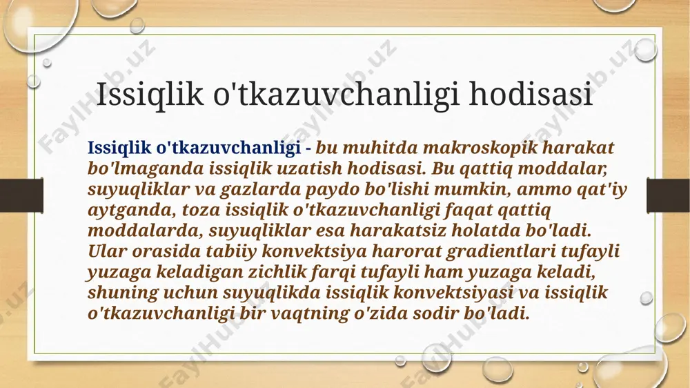 siga uzatadi), shu sababli metallarning i. o'. ko'rsatkichi katta boʻladi. jismning ixtiyoriy kesimi orqali, tanlangan oʻqqanormal holda fure qonuni (1820 y) bilan ifodalanuvchi issiqlik uzatishlari sodir bo'ladi: aq=-ň (dt/dx)fat. bu yerda: aq - at vaqt ichida f kesimli yuza orqali o'tuvchi issiqlik miqdori, n - modda xossalariga bog'liq bo'lgan issiqlik oʻtkazuvchanlik koeffitsiyenti. issiqlik oʻtkazuvchanlikning differentsial tenglamasiga doir. dekart (a) va silindrik (b)koordinatalardatenglamani keltirib chiqarishda quyidagi shartlar qabul qilinadi: jism bir jinsli va izotrop; uning fizik parametrlari o'zgarmas. energiyaning saqlanish qonuniga asosan, jismning elementar hajmiga vaqt ichida tashqaridan issiqlik oʻtkazuvchanlik yo'li bilan keltirilgan dq₁ issiqlik miqdori va ichki issiqlik manbai tomonidan ajralib chiqayotgan issiqlik miqdori dq2 yigʻindisi jismning ichki energiyasining o'zgarishiga teng boʻlishi kerak dq=du:dq1+dq2=dqbu tenglama hadlarini dekart koordinata tizimida aniqlash uchun jismda tomonlari dx, dy, va dz boʻlgan parallelepiped ajratib olamiz. bu yerda dqx, dqy, dqz - olib keltirilayotgan issiqlik. dqx+dx, dqy+dy, dqz+dz - olib ketilayotgan issiqlik. xulosa. zаmоnаviy tеxnikаdа, …
