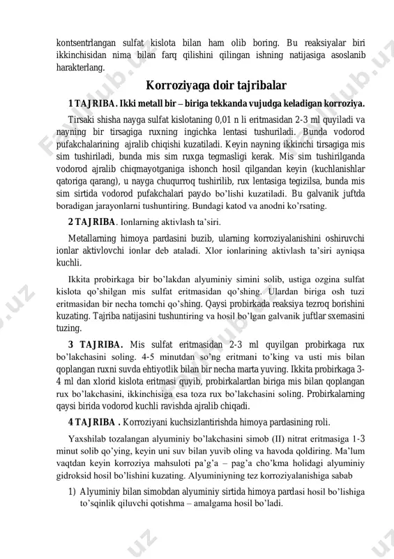 mat tuzi eritmasidan 5 – 10 ml olib suyultirilgan sulfat kislotadan 2 – 3 ml qo’shing va kislotali muhit hosil qiling. eritmaning ustiga ozgina natriy sulfit kristallaridan soling. eritma rangining o’zgarishiga e‘tibor berganingiz holda qilingan ishning reaksiya tenglamasini yozing. bunda xrom ionining oksidlanish darajasi 6 dan 3 ga kamayishiga e‘tibor bering. 4 – tajriba. aktiv metallarning oksidlanishi. kerakli moddalar: natriy metali, suyultirilgan sulfat kislota, rux metali, kontsentrlangan sulfat kislota kerakli jihozlar: probirka. ishning bajarilishi: bu tajribani bajarish uchun toza probirkaga natriy metalining bir nechta bo’lakchalaridan soling. uning ustiga suyultirilgan sulfat kislotadan tomizing. qanday o’zgarish borishini kuzatganingiz holda qilingan ishning reaksiya tenglamasini yozing. xuddi shu ishni rux metali bilan kontsentrlangan sulfat kislota bilan ham olib boring. bu reaksiyalar biri ikkinchisidan nima bilan farq qilishini qilingan ishning natijasiga asoslanib harakterlang. korroziyaga doir tajribalar 1 tajriba. ikki metall bir – biriga tekkanda vujudga keladigan korroziya. tirsaki shisha nayga sulfat kislotaning 0,01 n li …