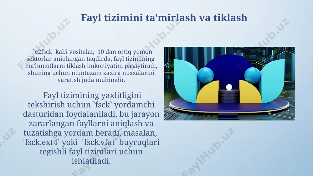 lgan fayllarni qo'llab-quvvatlash va avtomatik ma'lumotlarni tiklash kabi qo'shimcha xususiyatlarni taklif etadi. linux fayl tizimlari turli xil ma'lumotlar tuzilmalari va metama'lumotlarni saqlash usullaridan foydalanadi, masalan, ext4 (juda keng tarqalgan) yoki xfs (yuqori samaradorlik uchun). e'tiboringiz uchun rahmat @taqdimot_robot image4.png image5.jpg image6.jpg image7.jpg image8.jpg image9.jpg image10.jpg image11.jpg image12.jpg image13.jpg image3.jpeg