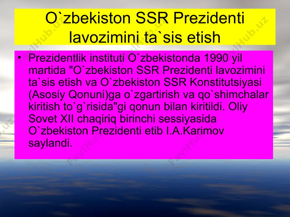 prezidenti konstitutsiyada belgilangan tartibda о`zbekiston respublikasining suvereniteti, havfsizligi va hududiy yahlitligini muhofaza etish yuzasidan zarur chora-tadbirlarni kо`radi. suverenitetni muhofaza qilish davlat hokimiyati barcha tarmoqlarining faoliyat kо`rsatishi orqali ta`minlanadi. shuning uchun prezident mahsus vakolatlarga ega, hususan, favqulodda vaziyatlar (real tashqi havf, ommaviy tartibsizliklar, yirik halokat, tabiiy ofat, epidemiyalar amnistiyadan farqli ravishda afv — individual akt, ya`ni muayyan shaxs yoki shaxslar guruhiga taalluqli hujjatdir. afv hukm qonuniy kuchga kirgan jinoyati uchun sudlangan shaxsni jazodan ozod qilish yoki jazoni yumshatishdir. afv etish reabilitasiyadan farq qiladi. reabilitasiya (oqlash) ham individual akt, lekin u oqlangan shaxs noqonuniy hukm qilinganini bildiradi. afv esa hukmning tо`g`riligini tasdiqlaydi, lekin mahkumning holatini engillashtiradi (jazo chorasini о`zgartirish, jazoni о`tashdan ozod qilish). о`zbekiston respublikasi prezidenti konstitutsiyada belgilangan tartibda о`zbekiston respublikasining suvereniteti, havfsizligi va hududiy yahlitligini muhofaza etish yuzasidan zarur chora-tadbirlarni kо`radi. suverenitetni muhofaza qilish davlat hokimiyati barcha tarmoqlarining faoliyat kо`rsatishi orqali ta`minlanadi. shuning uchun prezident mahsus vakolatlarga ega, hususan, favqulodda vaziyatlar …