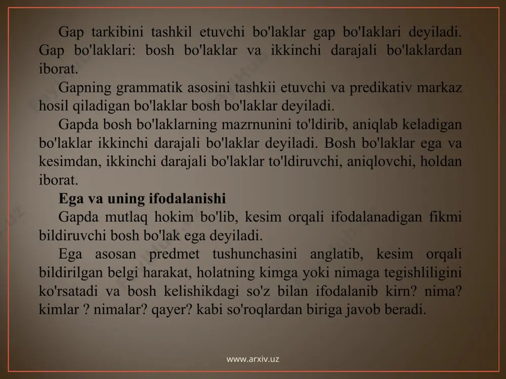 uning ifodalanishi eganing belgismi, hukmni tasdiq yoki inkor yo'li bilan ifodalaydigan bosh bo'lak kesim deyiladi.eganing belgisi harakat. . holat, xususiyat, sifat kabi mazmunlarni bildiradi. kesim egaga tobe bo'lib o'ziga bog'ianiib kelgan so'zlarda nisbatan hokimdir. masalan: bu yil bahor ancha kech keldi. kesim so'z turkumlari bilan ifodalanishiga ko'ra ikki turga bo'linadi: 1) fe'l kesim, 2) ot kesim . fe'l kesim. fe'l va uning tuslangan shakllari ravishdosh shakli bilan ifodalanib kelgan kesim fe'l kesim deyiladi. masalan: haydar ota yer ostidan uning yuziga qaradi. (a. q.) men xayol surib ketdim. (h. 0.) ot kesim. fe'ldan boshqa so'zlar bilan ifodalangan kesim ot kesim deyiladi. ular quyidagicha: ot bilan; yaxshining gapi - moy, yomonning gapi-loy (maqol). sifat bilan: mehnat qilgan elda aziz. vatan - ona so'zi naqadar aziz sensan har narsadan mo'tabar laziz (u.) son bilan: ikki o'n besh - bir o'ttiz, ikki - yorti bir butun. (maqol.) olmosh bilan: bizda odat mana shu edi, …
