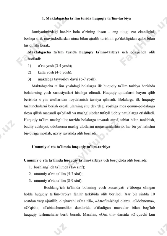 unish majburiyat, burchligi o`rgatiladi. bola ilk huquqiy terminlarning ma`nosini anglay boshlaydi. beshinchi sifdan boshlab yettinchi sinfgacha har bir sinfda 17 soatdan dars soati ajratilib, bolaning qabul qilish layoqati, yoshi, fanlarning murakkablanib borishi hisobga olingan holda, huquqiy bilim ham chuqurroq o`rgatiladi. masalan, bu sinflardagi o`quvchilar: huquq tushunchasini; inson va fuqarolarning huquqiy holati asoslarini; mustaqillik, davlat ramzlari tushunchasini; mulk huquqi, fuqarolik huquqiy munosabatlar asoslarini; inson huquqi, bola huquqi; qonun va o`smir; huquqbuzarlik tushunchalarini va boshqa huquqiy bilimlarni o`rganadi 8-9 sinflarda maxsus «huquqshunoslik» darsi o`tiladi. unda huquqshunoslikdan o`zbekiston davlati va huhuhi bilan bog`liq bilim olinib, 9- sinfda o`zbekiston respublikasi konstitutsiyasi o`rganiladi. har bir sinfda 34 soatdan dars o`tilishi rejalangan. yuqori sinflarda huquqiy ma`lumotlar berilganda har bir mavzu bo`yicha o`qituvchi darslik, o`quv qo`llanmalardan tashqari qo`shimcha huquqiy hujjatlardan foydalanib, ma`ruza matnini yangiliklar bilan to`ldirib borishi lozim. maxsus dasturga binoan 5-7 sinflarda 17 soatdan, 8-9 sinflarda 34 soatdan bir o`quv yiliga dars ajratilib, haftasiga bir soat …