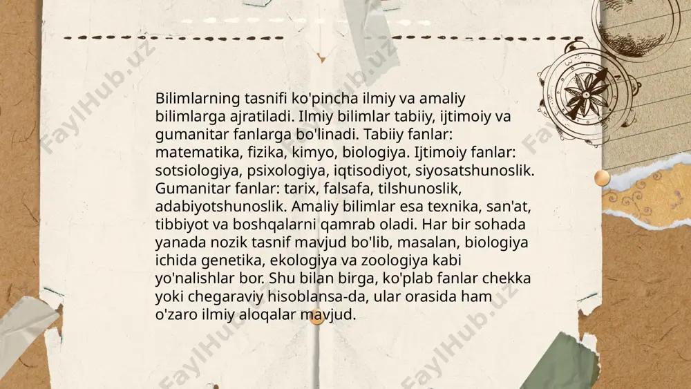 bi olimlar matematika, astronomiya va tibbiyotda katta yutuqlarni qo‘lga kiritishdi. uyg‘onish davrida yevropada ilmiy inqilob boshlangan va kopernik, galiley kabi olimlar koinot modellari va fizika qonunlarini kashf etishdi. bu jarayonlar zamonaviy fan va texnologiyaning shakllanishiga asos bo'ldi. ... t.me/slaydai_bot interdisipliner tadqiqotlar turli fanlar o'rtasidagi hamkorlik va bilim almashinuvini o'z ichiga oladi. bu tadqiqotlar murakkab muammolarni hal qilishda samarali bo'lib, ilm-fan, texnologiya, san'at, ijtimoiy fanlar kabi sohalarni qamrab oladi. misol uchun, atrof-muhit muammolari biologiya, kimyo va ijtimoiy fanlarni birlashtirgan holda o'rganiladi. 21-asrda interdisipliner tadqiqotlarning ahamiyati ortib bormoqda, chunki global muammolarni hal etishda bu usul ko'proq yechimlar taklif qiladi. o'zbekistonda ham bunday tadqiqotlar rivojlantirilmoqda va turli oliy ta'lim muassasalarida bu yo'nalishda ilmiy izlanishlar olib borilmoqda. interdisiplinerlik yangi g'oyalar va innovatsiyalarni keltirib chiqaradi. ... t.me/slaydai_bot bilimlarning ijtimoiy roli jamiyatni rivojlantirish va individlarning hayot sifatini oshirishda muhim hisoblanadi. jumladan, ta'lim orqali insonlar o'z bilimlarini oshirib, kasbiy mahoratini rivojlantirishadi. unesco hisobotlariga ko'ra, ta'limga sarmoya kiritish …