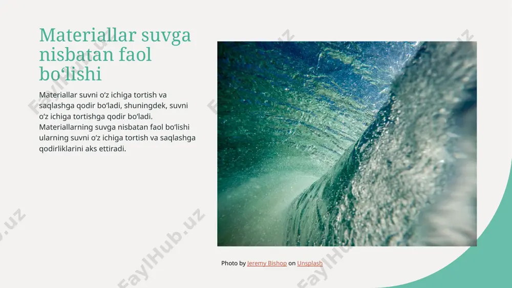 tida, suvga suyanuvchi xossalarga ega materiallar suvni qanchalik olishini, qanchalik suzilishini va suv bilan murojaatini o'rganishga yordam beradi. photo by mark könig on unsplash materiallarning suvga nisbatan o'zgartirishlari 1 materiallar suvga o'zgartirishlar materiallar suvni absorpsiya qilish va suvni saqlashda xususiyatlarini o'zgartirish orqali suvga nisbatan o'zgartirishlar ko'rsatadi. 2 kimyoviy aloqa materiallar suv bilan kimyoviy aloqalar orqali suvga nisbatan o'zgartirishlarga sabab bo'lishi mumkin. 3 fizikaviy xossalari materiallar suvga nisbatan o'zgartirishlari fizikaviy xossalari, masalan, suvni yuqoriga olib borish yoki suvni yo'qotish orqali amalga oshirilishi mumkin. suvning materiallar ustidan o'tkazilishi 1 suvni materiallar ustidan o'tkazish suv o'rtasida yuqori suyuqlik bo'lgan materiallar suvni o'tkazish orqali suyuqlovchi ta'sir ko'rsatadi, quruqlikni tasir qiladi. 2 suvni materiallar orqali o'tkazish materiallar suvni o'tkazishda suvning molekulyar strukturasi bilan aloqador bo'lib, suv molekulalari orqali energiya almashish orqali suyuqlanadi. 3 materiallar suvga o'tkazishni ta'minlash materiallar suvni o'tkazishda poroziy xossalari orqali suvni saqlab turadi va o'sishini ta'minlaydi, shuningdek, suvni yo'qotish orqali materialni suyuqligini …
