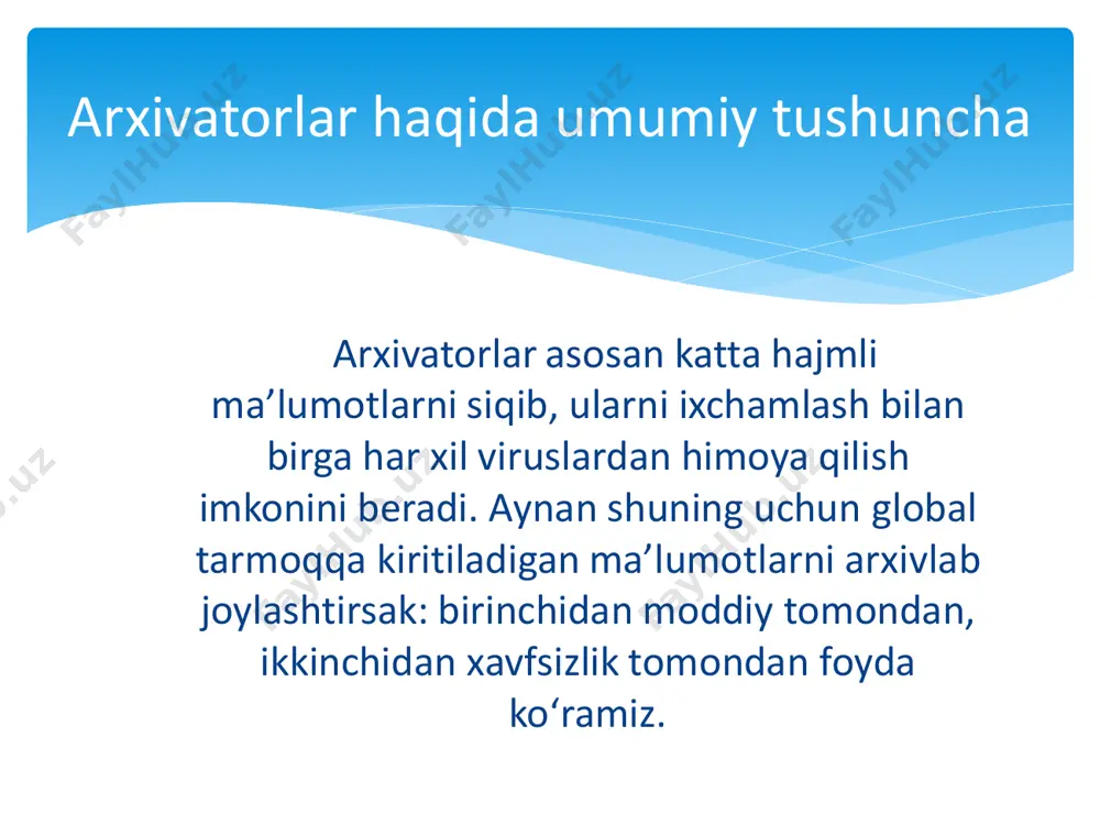 ozirgi kunda windows operatsion tizimi ostida ishlaydigan winzip, winrar, winzip-extractor va shu kabi arxivatorlarning turlari yaratilgan. bu dasturlar orqali biz ma’lumotlarni 75%gacha siqish imkoniyatiga egamiz. xulosa