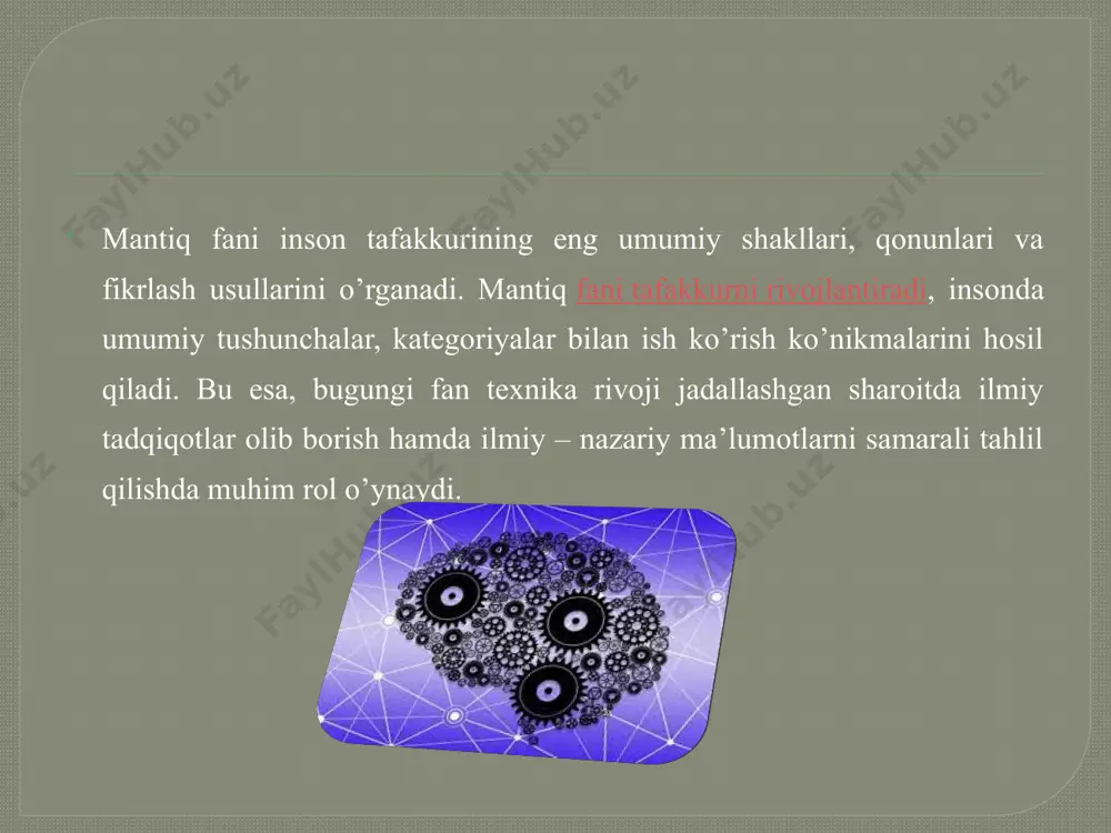 , lekin fikrda qurish mumkin bo’lgan ob’ektlarni mantiqiy taxlil qiladi. xususan, sokrat mayovtika usulini, demokrit “kanon”da (kanon – mezon, qoida) tayyor bilimlarning chin yoki xatoligini aniqlaydigan usullarni ishlab chiqqan, arastu “organon”ida (organon – bilim quroli) fikrni mantiqan to’g’ri qo’rish va bilimlarni hosil qilish vositalarini tadqiq etadi. keyinchalik mantiq kanonmi yoki organonmi ? degan savol mantiqda keng muhokama kilingan. foydalanilgan adabiyotlar sharipov m. fayzixo‘jaeva d. mantiq. -t.: universitet. 2007. 2. to‘raev b. mantiq: masalalar va mashqlar. – t.: o‘quv qo‘llanma. 2009. 3. fayzixo‘jaeva d. mantiq. izohli lug‘at. –t.: tamaddun. 2015. internet saytlari: 1. www. ziyo net.uz 2. www. faylasuf.uz image2.png image3.png image4.png image5.png image6.png image7.png image8.png image9.png