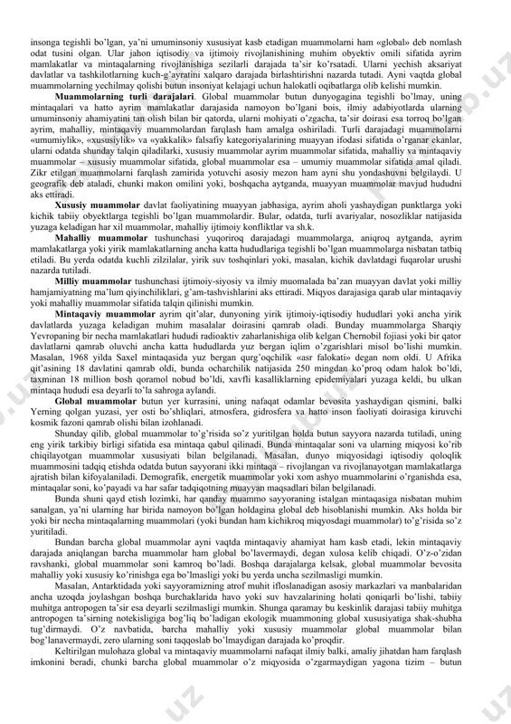 arning amalga joriy etilishi taraqqiyotning muhim mezoni hisoblanadi. amerikalik taniqli faylasuf va sosiolog d.bell bo’lg’usi ijtimoiy qurilish shakl-shamoyillarini belgilar ekan, hali internet paydo bo’lishidan ancha oldin shunday degan edi: «shunga ishonchim komilki, axborot va nazariy bilim postindustrial jamiyatning strategik resurslaridir. bundan tashqari, o’zining yangi rolida ular hozirgi tarixning tub burilish nuqtalaridir»[footnoteref:1]. [1: белл д. социальные рамки информационного общества / новая технократическая волна на западе. – м., 1986. – с.342] d.bell birinchi burilish nuqtasi sifatida hozirgi jamiyatda «umumiy bilim» sifatida asosiy ishlab chiqaruvchi kuchga aylangan fan xususiyatining o’zgarishini qayd etadi. ikkinchi burilish nuqtasi yangi texnologiyalar paydo bo’lishi bilan bog’liq bo’lib, ular, sanoat inqilobi davri texnologiyalaridan farqli o’laroq, o’ta moslashuvchan va osongina qayta ixtisoslashtirilishi mumkin. u «hozirgi texnologiya betakror va ayni vaqtda rang-barang natijalarga erishish uchun ko’p sonli muqobil yo’llar ochadi, bunda moddiy ne’matlar ishlab chiqarish mislsiz darajada o’sadi. bular – imkoniyatlar, hamma gap ularni ro’yobga chiqarishda»[footnoteref:2], deb qayd etgan edi. [2: …