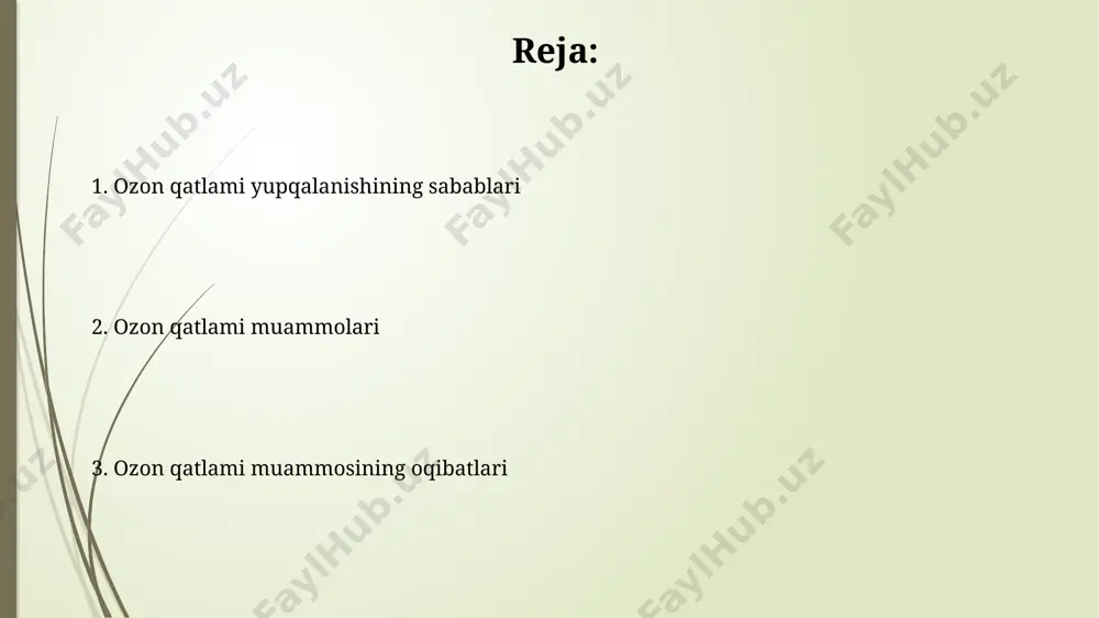 qatlamiga ta'sir etuvchi moddalar metilxloroform (ch₃ccl₃) va karbon tetraklorid (ccl₄) kabi erituvchilar ham ozon qatlamiga salbiy ta'sir ko'rsatadi, ularning ozonni yo'q qilish potentsiali cfclarnikidan past bo'lsa-da, lekin ulardan foydalanish hajmi sezilarli darajada. ozon qatlamiga zarar yetkazuvchi moddalarning 90% dan ortig'i xlorofluorokarbonlar (cfcs) va boshqa galogenli birikmalar hisoblanadi, ularning atmosfera yemirilish vaqti 50 yildan 100 yilgacha davom etadi. kelajakdagi istiqbollar ozon qatlami tiklanishi 2060 yilga kelib taxminan 1980 yildagi darajaga yetishi kutilmoqda, ammo bu jarayon davom etayotgan antropogen ta’sirlarga bog‘liq. cfclarning atmosfera tarkibidagi miqdori kamayishiga qaramay, ba’zi uzoq muddatli halokarbonlarning ta’siri 50-100 yilgacha davom etishi mumkin. ozon qatlami buzilishining oqibatlari ozon qatlami yupqalanishi tufayli ultrabinafsha nurlanishining yer yuzasiga 10-20% ga koʻpayishi terining saraton kasalligi xavfini sezilarli darajada oshiradi, shu jumladan melanoma xavfini ham. ozon qatlami buzilishining ekologik oqibatlari orasida, planktonlarning 15% gacha kamayishi suv ekosistemalarining barqarorligiga putur yetkazishi va oziq-ovqat zanjiri buzilishi kuzatiladi. e'tiboringiz uchun rahmat @taqdimot_robot image1.jpg image2.jpg image3.jpg image4.jpg …
