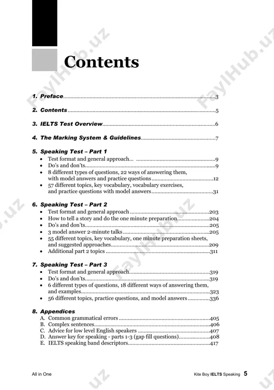 tions based on three different everyday topics • part 2: (3-4 minutes) 1-2 minute talk, with one minute to prepare before speaking • part 3: (4-5 minutes) answer up to 6 questions based on two topics similar to part 2. ielts test overview all in one kite boy ielts speaking 7 the speaking test is marked on four criteria: fluency and coherence, lexical resource, grammar, and pronunciation. each area is given a score between 1 and 9, which is the highest, and the final speaking score is the average of all four. a. fluency & coherence - guidelines • speak without noticeable hesitations, repetition, or self-correction (fluency) • give well explained answers, not short ones (fluency) • connect your thoughts with a range of linking words (don’t overuse them) (fluency) • answer the questions clearly and logically (coherence) ielts public band descriptors (full list, page 417) b. lexical resource - …
