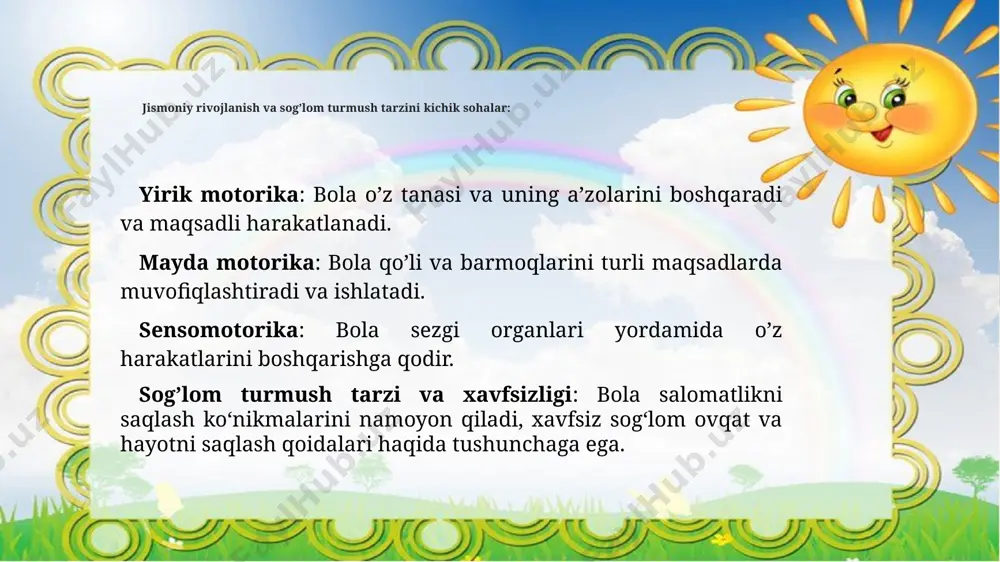 ol v atinch o'yinlarni almashtirish yaxshiroqdir. shaxsiy gigiena uchun sog'liq chaqaloq juda muhimdir. chaqaloq eng boshida hayotni o'zlashtirish keraktanani boqish kerak. bu nafaqat tananing yaxshi holati uchun, balki juda muhimdir boshqalarning sog'lig'i. bolada shaxsiy narsalar bo'lishi kerak narsalar: taroq, tish cho'tkasi, sochiq va ro'molcha. bolaligingizdan unga ta'lim berishingiz kerak to'g'ri ushbu narsalardan foydalaning. sog’lom turmush tarzi qisqa jismoniy mashqlar sog'liqni saqlash va bolalarda sog'lom turmush tarzi haqida asosiy bilimlarni shakllantirishga qaratilgan. maktabgacha yoshdagi bolalarga sog'lom turmush tarzini olib borish qisqa jismoniy mashqlar bilan boshlanadi: dinamik pauzalar barmoq gimnastikasi; ko'zlar uchun gimnastika; nafas olish mashqlari; tetiklantiruvchi gimnastika; ochiq o'yinlar; yengillik jismoniy faoliyat - bu bolaning, ayniqsa maktabgacha tarbiyachining tabiiy ehtiyojidir. bu yoshda bolani sog'lom turmush tarziga ko'niktirishga intilayotgan ota-onalarning asosiy vazifasi ularning motor qobiliyatlarini yaxshilashdir va ular katta bo'lgan sari faol jismoniy faoliyatning tabiati, intensivligi, maqsadini o'zgartirish. kundalik jismoniy mashqlar va sport bilan bir qatorda, bolalar hayotning birinchi kunlaridan boshlab qotib …