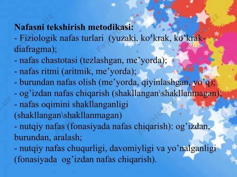 marta o’tirib turiladi. tayyorlov mashqlaridan so’ng asosiy mashqlarga o’tiladi. 1. «kaftlar» mashqi. boshlang’ich holat – turgan yoki o’tirgan holatda, qo’llar tirsakda bukilib, kaftlar tashqariga qaratiladi. kaftlar mushtlarga bukiladi va shu bilan bir vaqtda keskin va shovqinli nafas olinadi. 4 marta ketma-ket nafas olib, so’ng nafas chiqariladi. 3-4 soniya dam olinib, mashq yana takrorlanadi. 2. «pogonchalar» mashqi. boshlang’ich holat – turgan yoki o’tirgan holatda, oyoqlar yelka kengligidan biroz yaqinroq(torroq) qoyiladi. yelkalarni bo’shashtirib, boshimizni ko’taramiz. qo’llar bel sathida ushlab, kaftlar musht holatiga keltiriladi. nafas olishda bir vaqtning o’zida qo’llar keskin pastga tushiriladi va mushtlar zarba bilan ochiladi. bu paytda yelka va kaftlarni maksimal darajada taranglashtirishga harakat qilinadi. 4 marta ketma-ket nafas olib, so’ng nafas chiqariladi. 3-4 soniya dam olinib, mashq yana takrorlanadi. бурун ва оғиз нафаси дифференциацияси мақсад: боланинг ўз нафас оқими йўналишини фарқлай билиши. бурун ва оғиз орқали равони нафасни шакллантириш бурун ва оғиз орқали зарбли нафасни шакллантириш равон ва зарбли …