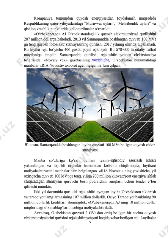 i ko‘rsatadi. markazlashtirishga asoslangan texnik-iqtisodiy chegaralarda chiqarilgan energiya ta’minotiga o‘tish yo‘li bilan turli qayta tiklanuvchan energiya manbalaridan keng miqiyosda foydalanishga o‘tish qishloq joylarida, ayniqsa, borish qiyin bo‘lgan olis joylardagi ob’ektlarning energiya ta’minotini yahshilash borasidagi qator muammolarni hal etishga imkon beradi. 2017 yilga kelib o‘zbekiston quyosh energetikasi rivojlanganligi darajasi bo‘yicha etakchi davlatlar ettitaligiga kirishi mumkin. bu haqda “pravda vostoka” gazetasi xabar bermoqda. nazorat savollari 1. quyosh elektr stansiyasining ishlash prinsipi. 2. rivojlangan mamlakatlarda mavjud qeslar. 3. o‘zbekistonda quyosh energiyasidan foydalanish yo‘lida erishilayotgan yutuqlar va loyihalar. 4. qeslarining kelajakda kutilayotgan istiqbollari. http://pv.uz/today/28.11.2014