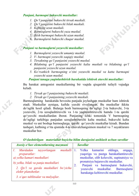 lashtirilgan materiallar buyicha bilim darajasini aniklash uchun savollar asosiy o‘kuv elementlarning mazmuni savollar 1. murdadan tayyorlangan muskulli preparatlar: a) yelka kamari muskullari b) yelka, bilak va panja muskullari 2. qo‘l va gavda muskullari bo‘yicha elektr planshetlar. 3. o‘quv tablitsalar va mulyajlar. 1. yelka kamarini oldinga, orqaga, yuqoriga va pastga harakatlantiruvchi muskullar, olib keluvchi, supinatsiya va pronatsiya bajaruvchi muskullar. 2. panjani va barmoqlarni bukuvchi, yozuvchi muskullar. barmoqlarni harakatga keltiruvchi muskullar. a. asosiy adabiyotlar 1. k. h. netter, md - atlas of human anatomy | 6 th edition usa 2014 2. axmedov n.k. atlas. odam anatomiyasi (ii jild). t.: "ibn sino" nashriyoti, 1998y. - 262 bet. 3. safarova d.d. odam anatomiyasi (i jild). darslik. t.: "o‘zdjti nashriyot matbaa": 2005y. - 315 b. 4. safarova d.d. odam anatomiyasi (ii jild), darslik. t.: "o‘zdjti nashriyot matbaa": 2006y. - 302 b. 5. safarova d.d. anatomiya fanidan praktikum toshkent, 2010 - 160 b. v. qo’shimcha adabiyotlar: …