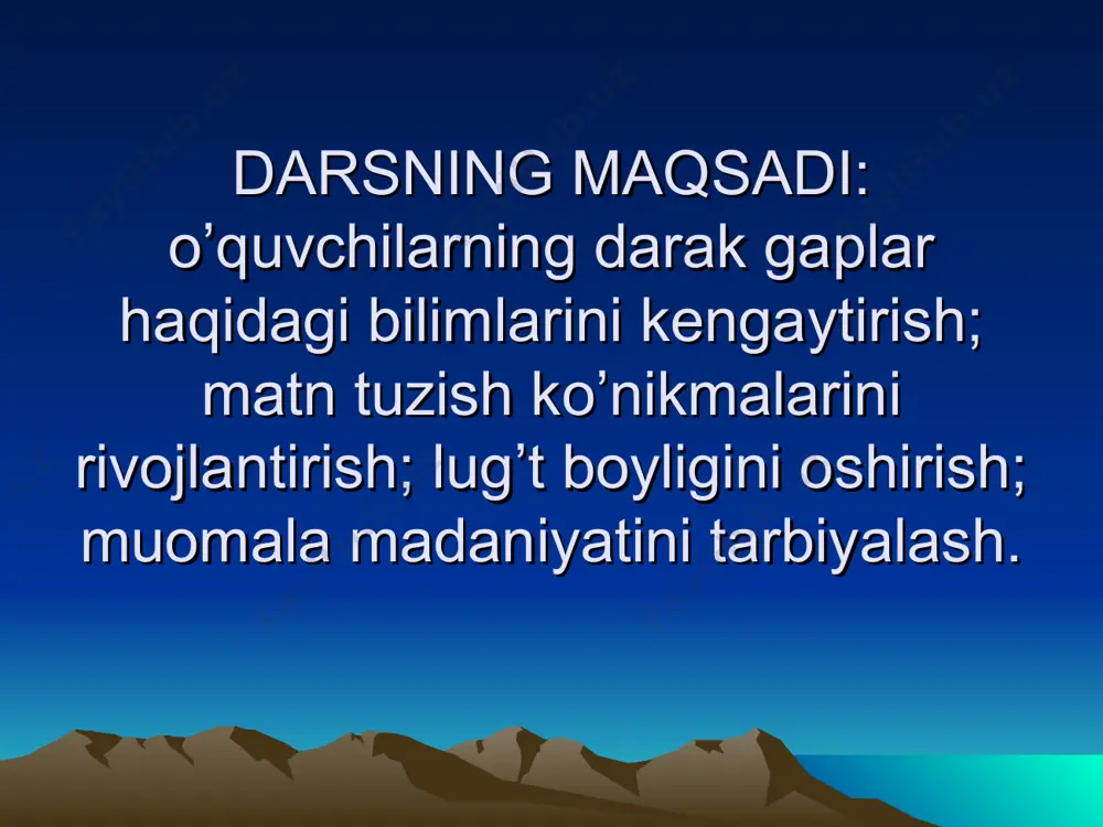 ang, yumshoq narsalardan 6 ta topib yozing: (ro’mol, junpaypoq, qo’lqop, sochiq, ip, yostiq bo’lishi mumkin) topshiriqni o’quvchi yolg’iz bajaradi, shu sababli u biroz cho’chiydi. 2-topshiriq. qattiq, qora narsalardan 6 ta topib yozing: (ko’mir, temir, qora qalam, stol-stul, marmar,qora tosh bo’lishi mumkin) o’quvchilar 1-2 topshiriqni yolg’iz bajarganlarida biroz cho’chiydilar. 3-topshiriq. bu topshiriqni bolalar sheriklari bilan bajaradilar. ular topgan so’zlarini qatnashtirib , 2 ta gap tuzadilar va daftarga yozadilar. bu topshiriq sheriklari bilan bajarilganligi uchun osonroq kechadi. 6.darslik bilan ishlash. 75-mashq. og’zaki bajarish. bajarishdan oldin o’quvchilar diqqati fasllar haqidagi rasmga qaratiladi. bolalar rasmda tasvirlangan qish , bahor, yoz, kuz fasllari haqida o’z fikrlarini bildiradilar. 7. uyga vazifa. 76-mashq. gap chegarasi aniqlananadi gap oxiriga nuqta qo’yib, keyingi gap bosh harf bilan boshlanadi 8.darsni yakunlash, o’tilganlarni umumlashtirish. -darak gap deb nimaga aytiladi? -darak gapning oxirida ovoz nima qiladi? -darak gapning oxirida nima qo’yiladi? 9.o’quvchilarning olgan baholari e’lon qilinadi va baholar izohlanadi.
