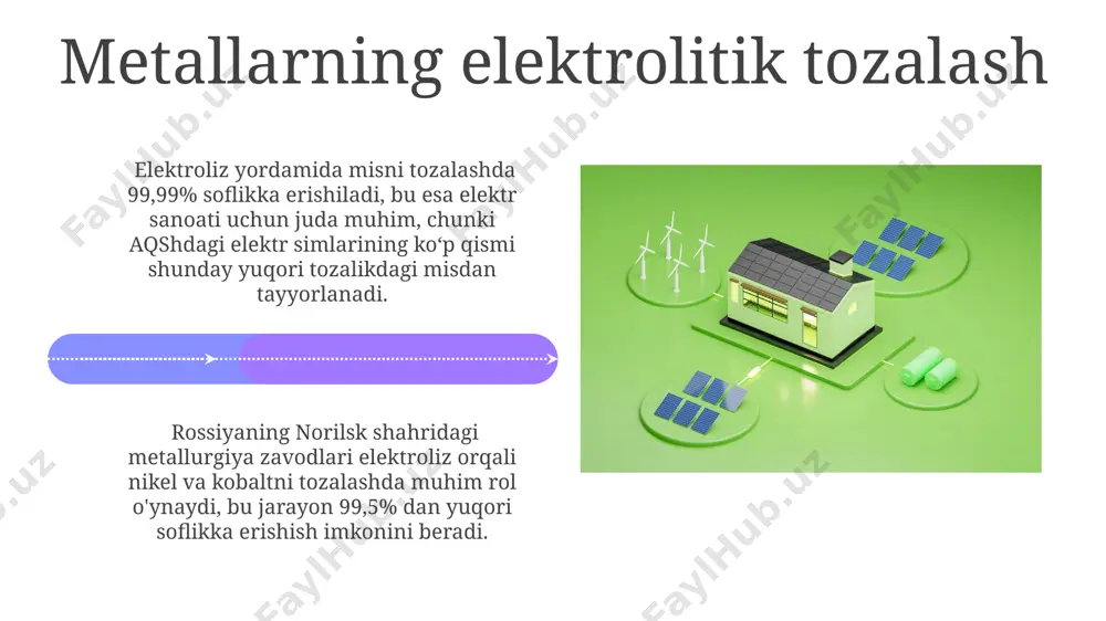 mamlakatlarda keng qo'llaniladi. sales 1st qtr 2nd qtr 100 0 sales 1st qtr 2nd qtr 100 0 elektrolizning kelajagi va istiqbollari keyingi 10 yil ichida elektroliz texnologiyalari yordamida, jahonning 20 ta yirik shaharlarida avtotransport vositalaridan chiqadigan chiqindilarni qayta ishlash va atmosferani ifloslanishdan tozalash bo'yicha keng miqyosli loyihalar amalga oshiriladi, bu esa havoni 15-20% tozalashga yordam beradi. elektroliz yordamida 2030-yilga borib, global miqyosda 50% ga yaqin suvni tozalash jarayonlarini optimallashtirish va 1000 dan ortiq yangi suv tozalash zavodlarini qurish rejalashtirilgan, ayniqsa, suv tanqisligi kuzatilayotgan markaziy osiyo mamlakatlarida. xlor va gidroksidlar ishlab chiqarish rossiya va germaniya kabi mamlakatlardagi elektrokimyoviy zavodlarda, 2000 kvt dan yuqori quvvatga ega elektroliz qurilmalari yordamida yuqori tozalikdagi xlor va gidroksidlar ishlab chiqariladi, bu esa turli sanoat tarmoqlarining ehtiyojlarini qondiradi. xlor va gidroksidlar ishlab chiqarishda elektroliz jarayoni dunyo bo'yicha yillik 60 million tonnadan ortiq natriy gidroksid (naoh) olishda muhim rol o'ynaydi, asosan xitoy, aqsh va hindiston kabi yirik mamlakatlarda. …