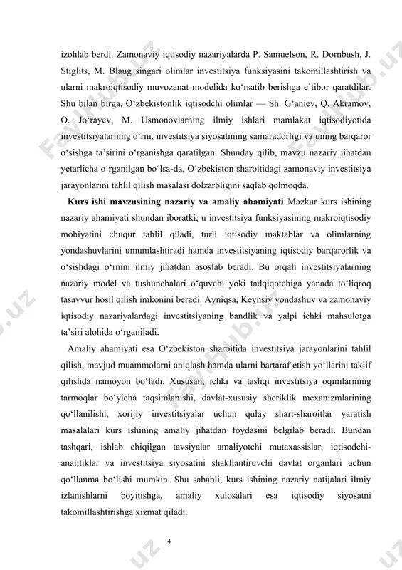 investitsiya siyosatini takomillashtirish yo‘nalishlari. kurs ishi mavzusining maqsadi — investitsiya funksiyasining nazariy va amaliy jihatlarini tahlil qilish, o‘zbekistonda investitsiya jarayonlarining hozirgi holatini o‘rganish hamda investitsiya siyosatini yanada samarali amalga oshirish bo‘yicha ilmiy asoslangan takliflar ishlab chiqishdan iborat. kurs ishi mavzusining vazifalari. · investitsiya tushunchasi va uning iqtisodiyotdagi o‘rnini nazariy jihatdan asoslab berish. · investitsiya funksiyasining makroiqtisodiy talqinini yoritish. · investitsiyalarga ta’sir etuvchi asosiy ichki va tashqi omillarni tahlil qilish. · o‘zbekiston respublikasida investitsiya jarayonlarining hozirgi holatini tahlil etish. · investitsiya siyosatini takomillashtirish bo‘yicha taklif va tavsiyalar ishlab chiqish. kurs ishi mavzusining tuzilishi kirish, ikki bob, olti kichik bob, xulosa va foydalanilgan adabiyotlardan iborat bo‘lib, unda nazariy hamda amaliy tahlillar mujassamlashtirilgan. i bob. investitsiya funksiyasining nazariy asoslari 1.1. investitsiya tushunchasi va uning iqtisodiyotdagi o‘rni investitsiya iqtisodiyot fanining eng muhim tushunchalaridan biri bo‘lib, u kapitalni ko‘paytirish, ishlab chiqarish imkoniyatlarini kengaytirish, yangi texnologiyalarni joriy etish hamda ijtimoiy infratuzilmani rivojlantirish jarayonlari bilan chambarchas bog‘liqdir. …