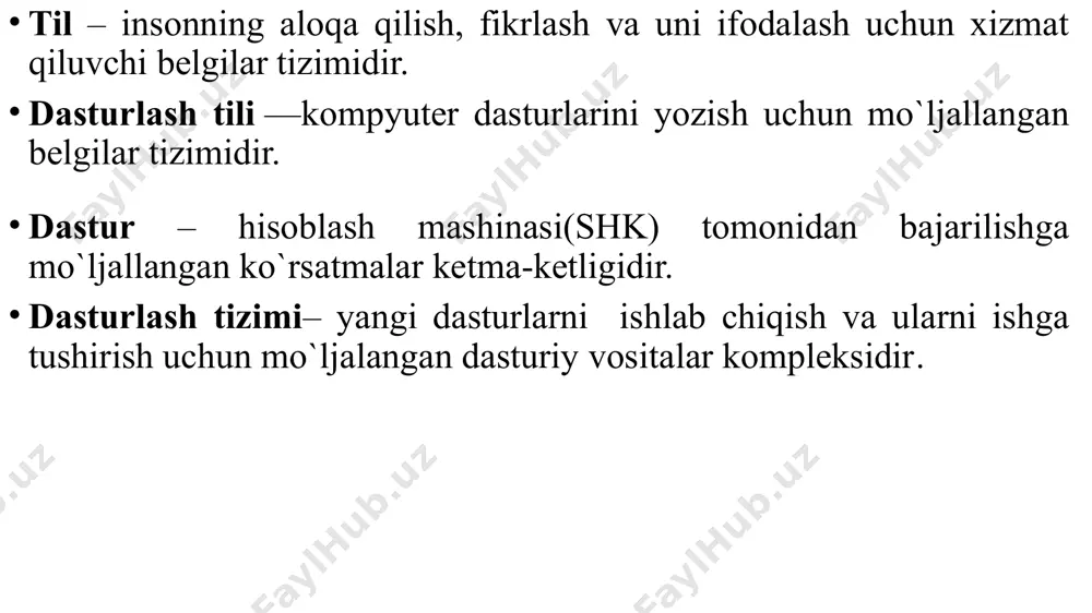 g'oyasini ilgari surdi: birinchi oqim ikkinchisida yozilgan ma'lumotlarni qayta ishlash jarayonini boshqargan. ma'lumotlar perfokartalarni teshish orqali yozib olingan. 10 1940 yillar, konrad tsuze, plancalcul yuqori darajadagi dasturlash tilini yaratishga birinchi urinish plankalkulni (hisoblashni rejalashtiruvchi) yaratgan ajoyib ixtirochi konrad tsuzega (1940-yillar oxiri) tegishli. quyida plankalkul tilidagi dasturni o`z ichiga oluvchi tsuze qo'lyozmasidan parcha keltirilgan: 11 xx asr 40-yillari – mashina tili assembler tili sobiq ittifoq davridagi dasturlash tillari. 14 1960 yillardagi dasturlash tillari va tizimlari dasturlash tillari va tizimlarining rivojlanishidagi eng faol davr 1960-yillarga to'g'ri keladi. ushbu o'n yillikda dunyoda mingdan ortiq turli xil tillar paydo bo`ldi, ammo ozchiligi saqlanib qoldi , jumladan, fortran, basic, algol, cobol, simula, lisp va ularning avlodlari. suratda: 1960-yillarda yaratilgan dasturlash tillarining "bobil minorasi" 15 fortran fortran = formula translator birinchi yuqori darajadagi fortran dasturlash tili ibm firmasida jon backus rahbarligida ishlab chiqilgan. dasturlash tili bilan ishlash1954 yilda boshlangan, ibm 704 mashinasi uchun birinchi dastur 1957 …
