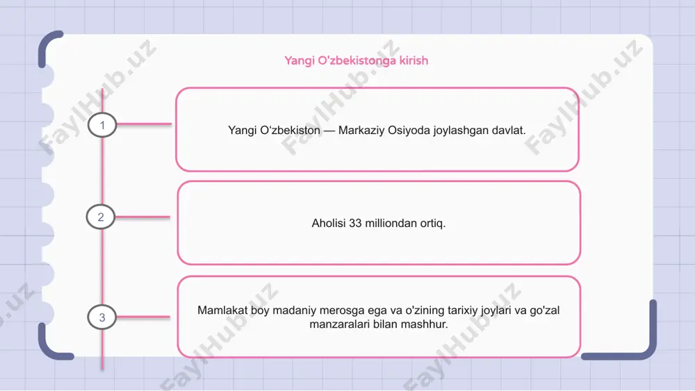 ni amalga oshirdi. o‘zbekiston yevropa va osiyoning chorrahasida joylashgan strategik joylashuvga ega bo‘lib, uni savdo va savdo uchun ideal markazga aylantiradi. mamlakat yosh va iqtidorli ishchi kuchiga ega bo‘lib, tadbirkorlik sub’yektlariga raqobatdosh ustunlik beradi. hukumat, shuningdek, qishloq xo'jaligi, ishlab chiqarish va turizm kabi sohalarga sarmoya kiritishni rag'batlantirish uchun turli rag'batlantirish dasturlarini ishga tushirdi. kengayayotgan iqtisodiyoti va qulay ishbilarmonlik muhiti bilan o‘zbekiston jahon bozorida asosiy o‘yinchiga aylanishga tayyor. e'tiboringiz uchun rahmat