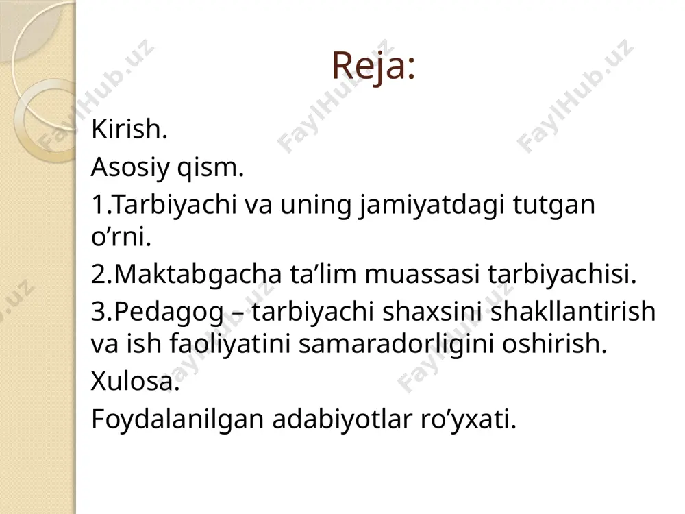 miz sh.m.mirziyoyev aynan shu sohada ya’ni “maktabgacha ta’lim muassasalari” va tarbiyachilarini ish faoliyatiga alohida to’xtalib, bir qator qaror va farmonlar chiqarganlar: 1.o‘zbekiston respublikasi prezidentining "o‘zbekiston respublikasi maktabgacha ta’lim tizimini 2030 yilgacha rivojlantirish konsepsiyasini tasdiqlash to‘g‘risida"gi qarori (№pq-4312-son 08.05.2019) 2.o‘zbekiston respublikasi prezidentining "maktabgacha ta’lim tizimini boshqarishni takomillashtirish chora-tadbirlari to‘g‘risida"gi qarori (№pq-3955-son 30.09.2018) 3.o‘zbekiston respublikasi prezidentining "maktabgacha ta’lim tizimini yanada rag‘batlantirish va rivojlantirish chora-tadbirlari to‘g‘risida"gi qarori (№pq-3651-son 05.04.2018) 4.o‘zbekiston respublikasi prezidentining "davlat maktabgacha ta’lim muassasalari xodimlarining ayrim toifalari mehnatiga haq to‘lashni takomillashtirish chora-tadbirlari to‘g‘risida"gi qarori (№pq-3571-son 28.02.2018) 5.o‘zbekiston respublikasi prezidentining "maktabgacha ta’lim tizimi boshqaruvini tubdan takomillashtirish chora-tadbirlari to‘g‘risida"gi farmoni (№pf-5198-son 30.09.2017) 6.o‘zbekiston respublikasi prezidentining "o‘zbekiston respublikasi maktabgacha ta’lim vazirligi faoliyatini tashkil etish to‘g‘risida"gi qarori (№pq-3305-son 30.09.2017) 7.o‘zbekiston respublikasi prezidentining "2017-2021 yillarda maktabgacha ta’lim tizimini yanada takomillashtirish chora-tadbirlari to‘g‘risida"gi qarori (№pq-2707-son 29.12.2016) asosiy qism. 1.tarbiyachi va uning jamiyatdagi tutgan o’rni. tarbiyachi yosh avlodni xalqimizning munosib farzandlari qilib tarbiyalashdek muhim va fahrli shu bilan …