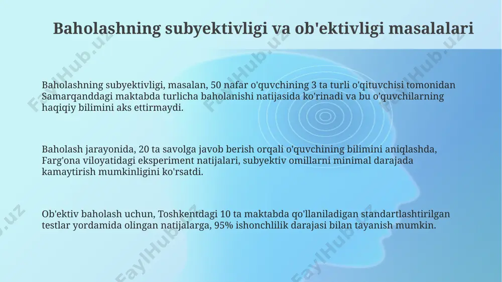 sining yadrosi, samarqand universitetida o'tkazilgan tadqiqotlarga ko'ra, o'lchov vositalarining o'zgaruvchanligi (validligi va ishonchliligi) bilan bog'liq, chunki 20 ta turli test natijalari o'quvchining haqiqiy bilimini to'liq aks ettirmaydi va xatoliklar xavfini 2 barobar oshiradi. pedagogik o'lchov muammosining mohiyati ta'lim sifatini baholashda 50% gacha aniqlikka ega bo'lgan an'anaviy usullar, masalan, imtihonlar va testlarning cheklanganligi bilan bog'liq bo'lib, bu esa toshkentdagi maktablarning o'quv natijalari to'g'risida noto'g'ri xulosalar chiqarilishiga olib kelishi mumkin. pedagogik o'lchov natijalarining talqini va tahlili samarqanddagi 3 ta turli maktabda o'tkazilgan tajriba natijalariga ko'ra, yangi pedagogik usulni qo'llash natijasida o'quvchilarning o'rtacha ballari 15% ga oshganini, bu esa usulning samaradorligini ko'rsatadi. sirdaryo viloyatida 2023-yilda o'tkazilgan milliy imtihonlar natijalarini tahlil qilishda, 80% dan yuqori ball to'plagan o'quvchilarning geografik joylashuvi va maktablarining o'quv resurslari o'rtasidagi bog'liqlik o'rganilishi mumkin. pedagogik o'lchov natijalarini tahlil qilishda, masalan, 500 nafar toshkent shahridagi o'quvchining matematik test natijalarini spss yordamida ishlash orqali o'rtacha ball, standart og'ish va korrelyatsiya kabi statistik …