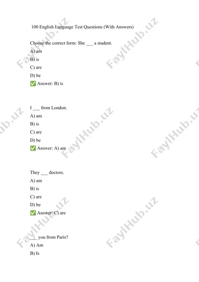 ingliz tili bo‘yicha 100 ta test — DOCX