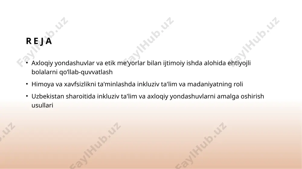 lish professional etika asosidir. bu, ish jarayonida adolat va inson huquqlarini ta'minlashga yordam beradi. axloqiy yondashuvlar va madaniy relevans: o'zbek kontekstida alohida ehtiyojli bolalarni qo‘llab-quvvatlash 1 madaniy relevans o'zbek kontekstida axloqiy yondashuvlar, milliy qadriyatlar va an'analar bilan uyg'un bo‘lib, alohida ehtiyojli bolalarni qo‘llab-quvvatlashda muhim rol o‘ynaydi. 2 e'tibor va hurmat madaniy relevans, bolalar bilan ishlashda hurmat, ehtiyotkorlik va madaniyatga mos yondashuvlarni ta'minlab, bolalarning xavfsizligini mustahkamlaydi. 3 axloqiy qadriyatlar o'zbek madaniyatida axloqiy qadriyatlar, halollik, mehr-shafqat va adolat asos bo‘lib, bolalar bilan ishlashda asosiy tamoyil hisoblanadi. 4 zamonaviy va an'anaviy mahalliy madaniyatni hisobga olgan holda, zamonaviy metodlar va an'anaviy yondashuvlarni uyg‘unlashtirish, inkluziv ta'limni rivojlantirishda muhimdir. inklyuziv ta'lim va madaniyatning bolalar xavfsizligi hamda himoyasidagi o'rni mehruviylik va madaniyat inklyuziv ta’limda madaniyat bolalar xavfsizligi va himoyasining asosiy poydevori hisoblanadi. madaniyatga hurmat bilan yondashuv, bolalarning o'zligini saqlashda muhimdir. himoya mexanizmlari inklyuziv ta’limda xavfsizlik va himoya mexanizmlari muhim ahamiyatga ega. bu, bolalarni psixologik va jismoniy tahdidlardan …