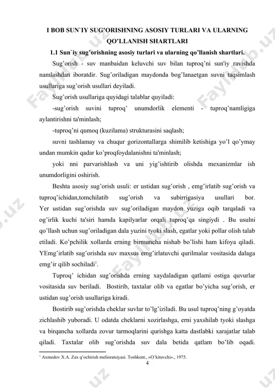 ta'siri hamda kapilyarlar orqali tuproq’qa singiydi . bu usulni qo’llash uchun sug’oriladigan dala yuzini tyoki slash, egatlar yoki pollar olish talab etiladi. ko’pchilik xollarda erning birmuncha nishab bo’lishi ham kifoya qiladi. yemg’irlatib sug’orishda suv maxsus emg’irlatuvchi qurilmalar vositasida dalaga emg’ir qilib sochiladi . tuproq’ ichidan sug’orishda erning xaydaladigan qatlami ostiga quvurlar vositasida suv beriladi. bostirib, taxtalar olib va egatlar bo’yicha sug’orish, er ustidan sug’orish usullariga kiradi. bostirib sug’orishda cheklar suvlar to’lg’iziladi. bu usul tuproq’ning g’oyatda zichlashib yuboradi. u odatda cheklarni xozirlashga, erni yaxshilab tyoki slashga va birqancha xollarda zovur tarmoqlarini qurishga katta dastlabki xarajatlar talab qiladi. taxtalar olib sug’orishda suv dala betida qatlam bo’lib oqadi. suvni o’rtaga singdiradigan tuproq’da, qatqaloqhosil qilishga unda moyil bo’lmagan tuproq’da hamda joyning nishabligi 0,01-0,1 gacha boradigan erlarda taxtalar olib sug’orish mumkin. odatda sug’oriladigan polosa eni seyalkaning qamrash eniga baravar keladi. u relef sharoitlariga ko’ra o’zgarishi mumkin. ba'zan sho’rlangan tuproq’larda, piez etishtirishda taxtalar olib sug’orish ishlatiladi. …