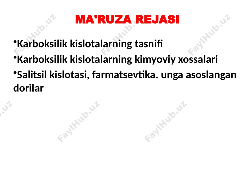 lik kislotalarning tasnifi ii . kichik funktsional guruhlarning mavjudligiga qarab, ular quyidagilarni ajratadilar: a ) gidroksi kislotalar cooh ho–c–h ch 3 l (+) - sut ( 2 -) gidroksipropan kislotasi (tuzlar - laktatlar ) misol: l - sut kislotasi d - sut kislotasi karboksilik kislotalarning tasnifi cooh ho–c–h ch 2 cooh l (-) - olma kislotasi (2- gidroksibutandioik ) kislota (tuzlar - malatlar ) karboksilik kislotalarning tasnifi cooh ch 2 h–c–oh ch 3 d (+) – b - gidroksibutirik (2- gidroksibutanoik ) kislota, tuz - b - gidroksibutiratlar cooh h o - c - ch 2 - cooh c h 2 - cooh limon (2-gidroksipropan- 1,2,3-trikarboksilik kislota, tuzlar - sitratlar karboksilik kislotalarning tasnifi gidroksi kislotalar odatda qattiq moddalardir. rasemik sut kislotasi suyuq bo'lishi mumkin (mp 18 ° c). gidroksi kislotalar deyarli gidroksi kislotalar biologik kimyoda juda muhim; ular juda ko'p muhim metabolik yo'llarda - krebs siklida, glikolizda, pentozafosfat tsiklida, yog' …