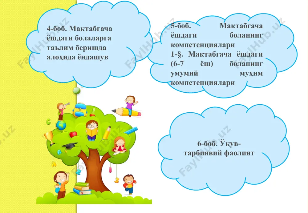 учун мактабгача таълим ташкилоти ота-оналар билан ўзаро ҳамкорликнинг қуйидаги шаклларини ташкил қилиши мумкин: ота-оналарнинг мактабгача таълим ташкилоти борасидаги фикрларини ҳисобга олиш; илк ривожланиш масалаларида ота-оналарга билим бериш; ота-оналарни ўқув-тарбиявий жараёнда фаол қатнашишга жалб этиш; ота-оналарнинг ташкилот ҳаётида иштирок этиш борасидаги ташаббусларини қўллаб-қувватлаш. 3-боб. мактабгача таълим ташкилотида боланинг ривожланишини қўллаб-қувватлаш ва уни амалга ошириш, қўшимча таълим хизматлари, ота-оналар билан ҳамкорлик 4-боб. мактабгача ёшдаги болаларга таълим беришда алоҳида ёндашув 11. мактабгача ёшдаги болаларга таълим беришда алоҳида ёндашув ўсиб бораётган бола шахсини ҳаётга тайёрлаш, унда ҳаётий муҳим масалаларни ҳал қилиш учун зарур бўлган, ахлоқий меъёр ва қадриятларни ўзлаштириш, бошқа инсонлар билан мулоқот қилиш, «мен» образини қуриш билан боғлиқ бўлган фаолият усулларини шакллантиришга тайёргарликни назарда тутади. бошланғич муҳим компетенциялар боланинг фаолият ва ахлоқ субъекти сифатидаги яхлит ривожланишини талаб этади. компетенция боланинг билим, кўникма, малака ва қадриятлари мажмуидир. бошланғич компетенциялар, ривожланиш соҳасидан қатъи назар, бола шахси шаклланиши учун асос бўлиб хизмат қилади. ўйин компетенцияси — …
