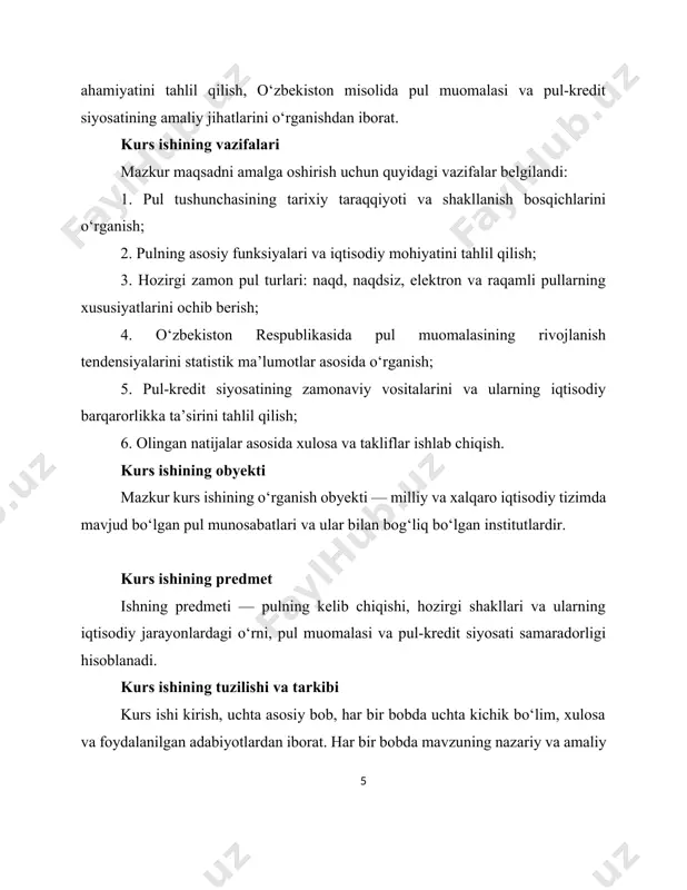 larda 85-90% ga yetgan. rivojlanayotgan davlatlarda bu ko‘rsatkich 40-55% ni tashkil etadi. o‘zbekistonda raqamli to‘lovlar ulushi 2022-yil 31% bo‘lgan bo‘lsa, 2024-yilda bu ko‘rsatkich 52% ga yetgan (markaziy bank ma’lumotlari). bu raqamlar pulning nafaqat o‘z shaklini, balki iqtisodiy rolini ham tubdan o‘zgartirayotganini ko‘rsatadi. raqamli iqtisodiyotda pul faqat tovarlar almashinuvi vositasi bo‘lib qolmay, balki moliyaviy texnologiyalarning asosi sifatida ishlamoqda. xususan, "payme", "click", "apelsin", "anorbank", "uzcard", "humo" kabi elektron to‘lov tizimlari aholining kundalik moliyaviy operatsiyalarida asosiy o‘rin egallamoqda. pul — bu jamiyatda iqtisodiy muomalani tashkil etuvchi asosiy vosita bo‘lib, u tarixiy taraqqiyotda oddiy ayirboshlashdan tortib, raqamli iqtisodiyotgacha bo‘lgan barcha bosqichlarda o‘z vazifasini bajargan. pulning iqtisodiy mohiyati uning ishonch, barqarorlik, likvidlik va universal qabul qilinuvchanlik kabi xususiyatlarida namoyon bo‘ladi. pul jamiyatdagi ijtimoiy-iqtisodiy jarayonlarning barqaror ishlashi va rivojlanishida beqiyos o‘rin egallaydi. 1.2. pulning tarixiy rivojlanish bosqichlari pulning paydo bo‘lishi va taraqqiyoti insoniyat tarixining eng muhim iqtisodiy hodisalaridan biridir. pul bugungi kunda tovar ayirboshlash vositasi sifatida …