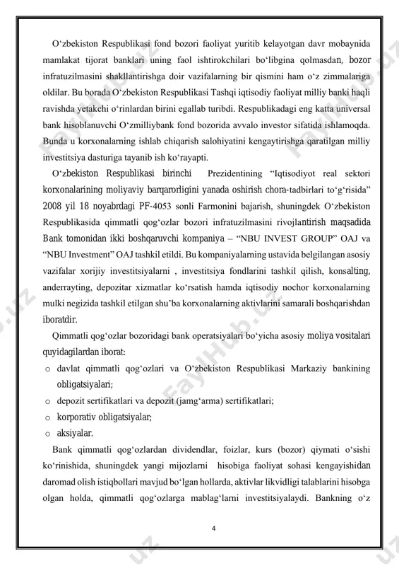 shi va oldi-sotdi vositasi bo‘lishi mumkin. jahon amaliyotida qimmatli qog‘ozlarning har xil turlari ishlatilmoqda. qimmatli qog‘ozlar bozori kredit munosabatlari bilan birgalikda, o‘z qiymatiga ega bo‘lgan, sotish, sotib olish va to‘lovini amalga oshirish mumkin bo‘lgan maxsus hujjatlar (qimmatli qog‘ozlar)ga egalik qilish bilan ham bevosita bog‘liq. qimmatli qog‘ozlar o‘zida mulkchilik huquqini mujassamlashtirgan bozorda erkin aylanadigan, sotib olish-sotish va boshqa bitimlarning ob’ekti bo‘ladigan, doimiy va bir martalik daromad olish manbai bo‘lib xizmat qiladigan, pul kapitalining bir ko‘rinishidagi hujjatdir. qimmatli qog‘ozlar turli sub’ektlar tomonidan chiqarilishi mumkin. umumiy holda bu emitentlar 5 guruhga bo‘linadi: 1. hukumat; 2. davlat korxonalari; 3. xususiy sektor; 4. markaziy bank; 5. chet el sub’ektlari. hamma qimmatli qog‘ozlarni davlat, xususiy yoki xalqaro qimmatli qog‘ozlarga ajratish mumkin. xususiy sektor tomonidan chiqarilayotgan qimmatli qog‘ozlar tarkibiga turli ishlab chiqarish korxonalari, tijorat banklari, investitsion banklar, investitsion fondlar va boshqalarning qimmatli qog‘ozlari alohida o‘rin tutadi. xalqaro qimmatli qog‘ozlar ularning hisoblanadigan valyuta va emitentlari bo‘yicha bo‘linadi. 6 …