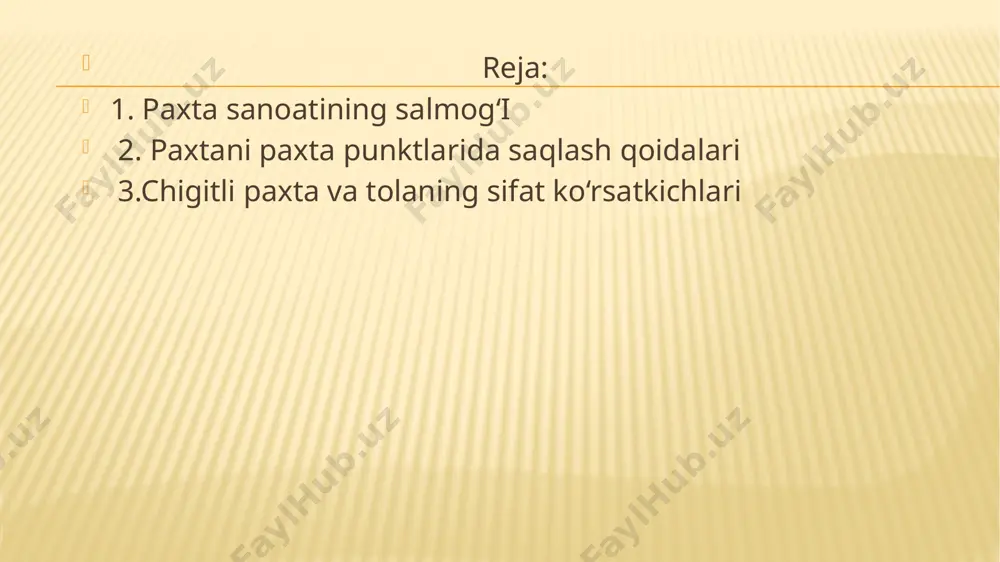 qo‘llaniladi. paxta eng arzon va keng tarqalgan mahsulot hisoblanadi. har yili butun dunyoda tayyorlanadigan barcha to‘qimachilik tolalarining qariyb yarmini paxta tolasi tashkil qiladi. paxtani qayta ishlab (tozalab), tola (30-40%), chigit (60-70 %) va momiq olinadi. chigit tarkibida esa 22-28 % gacha moy bo‘ladi. g‘o‘za bargi, poyasi va po‘stlog‘idan 100 dan ortiq, paxta tolasidan 50 ga yaqin, chigitidan 45 dan ortiq turli xil mahsulotlar olinadi. paxta mahsulotlaridan sanoatning ko‘pgina tarmoqlarida (to‘qimachilik, aviatsiya, ximiya, meditsina, avtomobil va boshqa sohalarda) keng foydalaniladi. bir tonna chigitli paxtadan 350-380 kg tola, 550-570 kg chigit, 50-120 kg momiq olinadi. bir kilogramm toladan 5 m gazlama yoki 140 ta g‘altak ip ishlab chiqariladi. bir gektar yerda yetishtirilgan paxtadan o‘rtacha hosildorlik 30 sentner bo‘lganda shuncha mahsulotdan 7-8,5 ming metr gazlama, 270 kg paxta moyi, 730 kg kunjara, 47 kg sovun, 108 kg momiq, 240 kg chigit va boshqa mahsulotlar olinadi. shunday ekan, paxta yetishtirishni rivojlantirish bilan birga paxta …