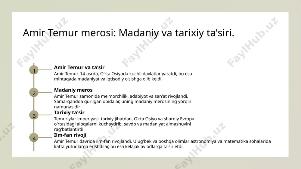 ini ta'minladi, shuningdek, amir temurning avtoritetini oshirdi. 02 harbiy strategiyalar amir temur jangovar strategiyalarni mukammal ishlab chiqdi. u o'zining harbiy kuchini samarali boshqarib, dushmanlarga qarshi tezkor yurishlar amalga oshirdi. 03 ijtimoiy tartib temuriylar imperiyasida ijtimoiy tartib harbiy va fuqarolik boshqaruvi bilan uzviy bog'langan bo'lib, aholining barqarorligini va iqtisodiy rivojlanishini ta'minladi. temuriylar imperiyasining tashkil topishi va rivojlanish jarayoni. 1 temuriylar tarixi temuriylar imperiyasi 14-asrda amir temur tomonidan tashkil etilgan. u doimiy ravishda o'zining kuchli harbiy va diplomatik strategiyalari bilan tanilgan. 2 mulkni kengaytirish amir temur o'z imperiyasini kengaytirish maqsadida, sirdaryo va amudaryo bo'yidagi mintaqalarga hujumlar uyushtirdi, bu esa imperiyaning geografik chegaralarini kengaytirdi. 3 madaniy rivojlanish temuriylar imperiyasi davrida madaniyat, san'at va ilm-fan rivojlandi. samarqand va buxoro markazlari bu davrda yirik ilmiy va madaniy markazlarga aylandi. 4 ijtimoiy tuzilma temuriylar imperiyasida ijtimoiy tuzilma qat'iy edi. har bir tabaqaga o'z o'rni, majburiyatlari va huquqlari berilgan, bu esa ijtimoiy barqarorlikni ta'minladi. amir temur va …