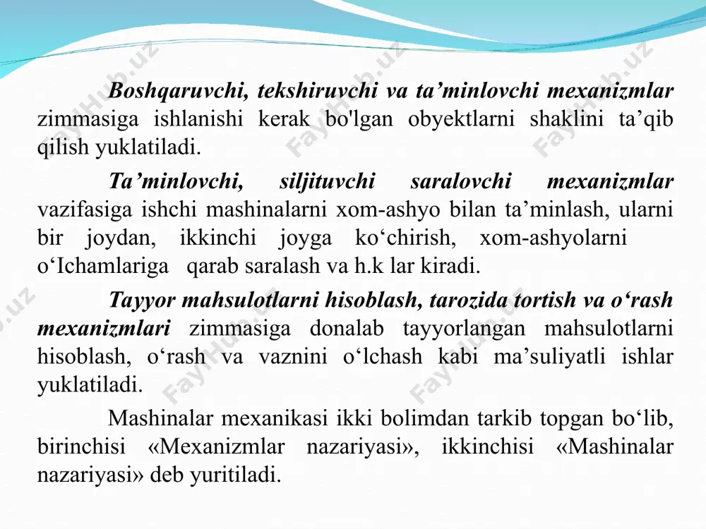 harakatlar soni oltiga teng. 3-chizma. umumiy harakatlar soni oltiga teng bo‘lganligi uchun moddiy jism m ning erkinlik darajasi oltiga teng deb qabul qilinadi. lekin, mexanizm va mashinalar tarkibida moddiy jism emas, kinematik juftlar mayjuddir. har bir kinematik juft o‘ziga xos ikkita moddiy jism, ya’ni bo‘g‘inlarni birikishidan tarkib topgan. demak, kinematik juftlarda qandaydir erkinliklar sun’iy ravishda yo‘q qilingan yoki cheklangan. shunday qilib, kinematik juftning erkinlik darajasi quyidagicha aniqlanadi. h = 6 - s, bu yerda, h - kinematik juft erkinlik darajasi; 6 -moddiy nuqta fazodagi erkinlik darajasi; s - kinematik juft harakatiga qo‘yiladigan cheklanishlar soni. kinematik juftlar sinifi ularning nisbiy harakatiga qo'yilgan cheklanishlar soni s ning qiymatiga tengdir. yuqoridagi formuladan s = 6 - h, bu yerda, 1<s<5, bo'lganligi sababli kinematik juftlaming sinflari ham 1 dan 5 gacha bo'ladi. demak, i - sinfga mansub bo'lgan kinematik juft 5 ta nisbiy harakat qiladi. v - sinfga mansub bo'lgan kinematik juft esa 1 …