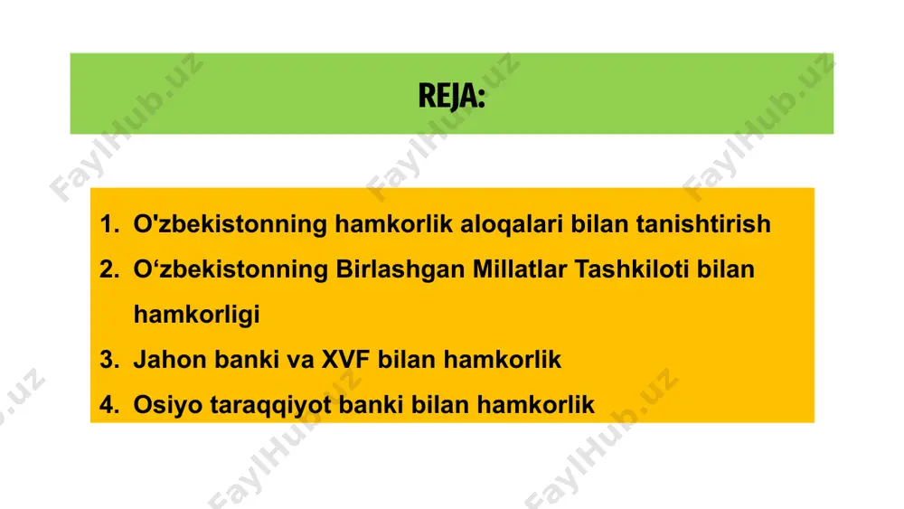 ali o‘zbekiston muhim moliyaviy resurslar, texnik yordam va siyosiy maslahatlardan foydalandi, bu esa mamlakatga hayotiy islohotlar va strategik loyihalarni amalga oshirish imkonini berdi. 03 hamkorlik barqaror rivojlanishni ta'kidlab, turmush darajasini yaxshilash, qashshoqlikni kamaytirish va iqtisodiyotni diversifikatsiya qilishni rag'batlantirish, shu bilan birga jahon moliyaviy standartlari va amaliyotlari bilan uyg'unlikni ta'minlashga qaratilgan. 02 osiyo taraqqiyot banki bilan hamkorlik o‘zbekiston mintaqada iqtisodiy o‘sish va rivojlanish tashabbuslarini qo‘llab-quvvatlash maqsadida osiyo taraqqiyot banki bilan mustahkam hamkorlikni yo‘lga qo‘ygan. ushbu hamkorlik orqali o‘zbekiston infratuzilma va ijtimoiy xizmatlarni yaxshilashga qaratilgan turli loyihalarni amalga oshirish uchun moliyaviy ko‘mak va texnik yordam oldi. osiyo taraqqiyot banki bilan hamkorlik oʻzbekistonga rivojlanishning asosiy muammolarini hal qilish va mamlakatning umumiy oʻsish istiqbollarini oshirish uchun tajriba va resurslardan foydalanish imkonini beradi. o‘zbekiston yevropa ittifoqi bilan turli hamkorlik dasturlari orqali faol hamkorlik qilib, savdo, sarmoya va inson huquqlari kabi sohalarga e’tibor qaratdi. o'zbekistonning yevropa ittifoqi bilan hamkorligi mamlakat markaziy osiyoda iqtisodiy rivojlanish, demokratik institutlarni …