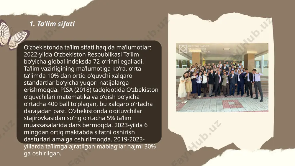 ar eng ko'p foydalaniladigan platformalardandir. statistika ko'rsatishicha, yoshlarning 80% dan ortig'i ijtimoiy tarmoqlar orqali yangiliklarni qabul qiladi. biroq, ijtimoiy tarmoqlar ortiqcha foydalanilganda, psixologik va jismoniy salomatlikka salbiy ta'sir ko'rsatishi mumkin. o'rganishlar asosida, internetga bog'liqlik darajasi oshib bormoqda, bu esa ijtimoiy aloqalar va odamlar orasidagi munosabatlarga ta'sir qilmoqda. shu mavzuda yetakchi tadqiqotlar tarmoqlarni mas'uliyatli foydalanishga chaqirmoqda. ... t.me/slaydai_bot 7. kasbiy yo‘nalish va tanlovlar "kaspiy yo‘nalish va tanlovlar" mavzusi zamonaviy mehnat bozori talablariga muvofiq kasb tanlashni o‘z ichiga oladi. o‘zbekiston ta’lim tizimida talabalar uchun 1000 dan ortiq turli kasbiy yo‘nalishlar mavjud. ular orasida axborot texnologiyalari, qurilish, muhandislik, tibbiyot, iqtisodiyot kabi sohalar yetakchi o‘rinda turadi. har yili minglab yoshlar o‘z qiziqish va qobiliyatlariga mos ravishda ushbu yo‘nalishlarni tanlaydilar. 2022-yilda o‘zbekistonda oliy ta’lim muassasalarida qabul 1,5 milliondan ortiq talabalarga yetdi. o‘quvchilar uchun kasb tanlovida onlayn-platformalar va kasbiy yo‘naltirish ko‘rgazmalari kabi imkoniyatlar tatbiq etilmoqda. ... t.me/slaydai_bot atrof-muhit va ekologiya insoniyatning eng muhim masalalaridan biri hisoblanadi. …