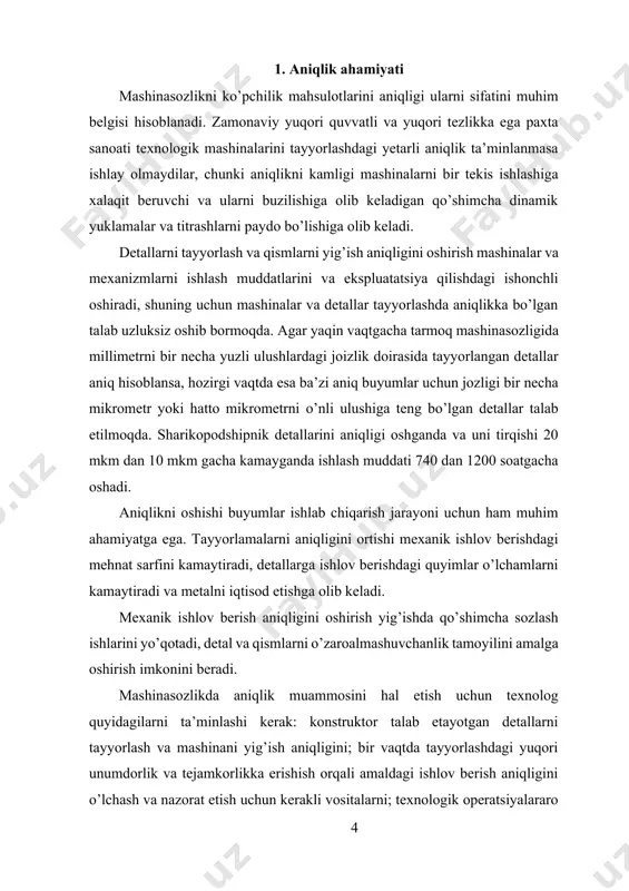ni chizmasidan og’ish kattaligi aniqlanadi va dastgoh limbi yordamida asbob holatiga tuzatish kiritiladi. so’ngra yana tayyorlama qisqa qismiga sinov ishlov berish amalga oshirilib, olingan o’lcham yana o’lchanadi va kerak bo’lsa asbobni holatiga yangi o’zgartirish kiritiladi. shunday qilib, sinovli yurishlar va o’lchovlar orqali talab etilayotgan o’lchamni olish uchun asbobni tayyorlamaga nisbatan to’g’ri holatga o’rnatiladi. bulardan so’ng tayyorlamani butun uzunligi bo’yicha ishlov beriladi. keyingi tayyorlamaga ishlov berishda asbobni sinovli yurish va o’lchovlar orqali o’rnatish jarayoni yana qaytariladi. sinovli yurish va o’lchovlar usulida ko’pincha belgilar qo’llaniladi. bu holda birlamchi tayyorlama yuzasiga maxsus asboblar yordamida (chizg’ich, shtangenreysmus va boshqalar) bo’lajak detal konturi, bo’lajak teshiklar markazlari holatini yoki o’yiqchalar konturlarini ko’rsatuvchi ingichka chiziqlar chiziladi. ishlov berish jarayonida ishchi asbob kesuvchi tig’ini harakat yo’nalishini shu chiziqlar bo’yicha amalga oshirish orqali tayyorlashdagi talab etilgan yuza shaklini chiqishini ta’minlaydi. tayyorlamalarga o’lchamlarni avtomatik olish usulida ishlov berishda dastgoh birlamchi shunday sozlanadiki, bunda tayyorlamani talab etilayotgan aniqligiga, ishchini malakasi va …