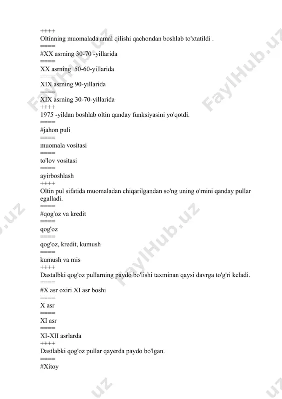 == m.fridmen ++++ “pulni davlat bunyodga keltiradi” ushbu tushuncha pulning qaysi nazariyasiga tegishli? ==== #nominallik nazariyasi ===== miqdoriylik nazariyasi ==== metallik nazariyasi ==== monetarizm nazariyasi ++++ pulning miqdoriy nazariyasiga ko’ra… ==== pulning qiymati uning ko‘rsatilgan nominali bilan aniqlanadi. ==== #pulning sotib olish qobiliyati xuddi baho kabi (yangi tovar bahosi kabi) bozorda aniqlanadi ==== pulning mohiyati ijtimoiy zaruriy mehnatning rivojlanishi bilan belgilanmasdan oltin va kumushning tabiiy xususiyatlari bilan belgilanadi ==== pulning qiymatini davlat belgilaydi ++++ natural xo’jalik bu… ==== #tarixan dastlab tarkib topgan xo`jalik shakli bo`lib, unda mahsulotlar bozorda sotish uchun emas, balki xo`jalikning o`zida uning xodimlari va yaratuvchilari iste’moli uchun yetishtiriladi ==== ishlab chiqaruvchining foyda olish maqsadida bozorga ayirboshlash uchun ishlab chiqarishining ijtimoiy shaklidir ==== tovar-pul munosabatlariga asoslangan, turli mulkchilikka hamda iqtisodiy erkinlikka tayangan va raqobat vositasida boshqarilib turuvchi xo’jalik ==== erkin tovar-pul munosabatlariga asoslangan, iqtisodiy monopolizmni inkor etuvchi, aholini ijtimoiy muhofaza qilish yo’nalishiga ega bo’lgan xo’jalik ++++ pulning muomala …