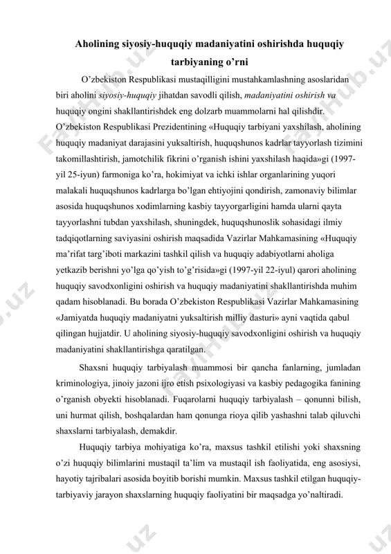 mat qilish, boshqalardan ham qonunga rioya qilib yashashni talab qiluvchi shaxslarni tarbiyalash, demakdir. huquqiy tarbiya mohiyatiga ko’ra, maxsus tashkil etilishi yoki shaxsning o’zi huquqiy bilimlarini mustaqil ta’lim va mustaqil ish faoliyatida, eng asosiysi, hayotiy tajribalari asosida boyitib borishi mumkin. maxsus tashkil etilgan huquqiy-tarbiyaviy jarayon shaxslarning huquqiy faoliyatini bir maqsadga yo’naltiradi. huquqiy tarbiyaning asosida qonunga rioya qilib yashash, uni hurmat qilish, shaxsda huquqiy madaniyatni shakllantirishdek muhim vazifa yotibdi. huquqiy tarbiya asosan huquqiy targ’ibotga, huquqiy xabarga suyangan holda shakllanadi. huquqiy tarbiya oila, bog’cha, maktab, o’rta maxsus va oliy o’quv yurtlarida hamda ishlab chiqarish jamoalarida shakllantirilib boriladi. huquqiy tarbiyani maxsus huquqiy bilimlarga ega bo’lgan shaxslar, ya’ni huquqshunos nazariyachilar, amaliyotdagi huquqni muhofaza qiluvchi shaxslar olib borsalar maqsadga muvofiq bo’ladi. huquqiy targ’ibot asosida huquqiy tarbiyaning elementlari mavjud. shaxslarni huquqiy tarbiyalash faoliyati va uning samaradorligini oshirish quyidagicha olib boriladi: · ichki ishlar organlari xodimlarining huquqiy, o’quv-tarbiyaviy jarayonlarni tashkil qilishlarining shakl va usullarini aniq belgilash orqali; · …