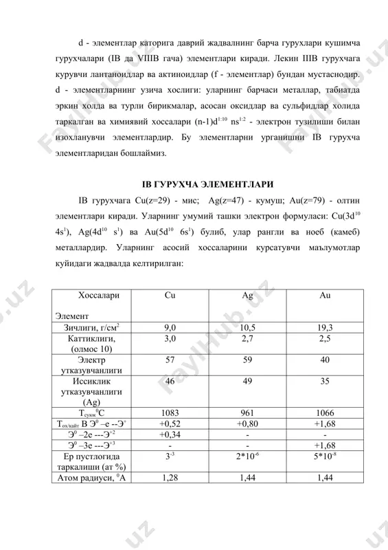 тин (куп сарик)рангли еклари марказлашган кубсимон тузилишли металлардир. уларнинг валент электронлари каторига (n-1)d10 ва ns1 электронлар киргани учун уларнинг каттиклиги ва тсуюкл ишкорий металларникидан анча юкоридир. умуман бу металлар бошка металларга караганда анча "юмшок" ва механик ишлов бериш учун кулайдир. зичлиги жихатидан огир металлар жумласига киради. химиявий хоссалари жихатидан ишкорий металлаар ва бошка металларга караганда анча пассив металлардир. шу сабабли факат мис кислород билан таъсирлашади. аммо кумуш сульфидлари оксидларига нисбатан анча баркарор моддалардир. унинг исботи сифаттида куйидаги: cu2o ( gх.б.298 = -145,0 кж/моль); ag2o (-11,1); au2o3(+78,7); cuo(+28,0); cu2s(-89,0); ag2s(-40,2) мис метали очик нам хавода оч яшил рангли парда - [cu(oh)]2со3 билан копланади, кумуш метали хаводдаги н2s таъсирида ag2s хосил килиб кораяди. водород билан улар таъсирлашмайдилар. мис, кумуш, олтин активлик каторида водороддан кейин жойлашгани учун кислоталар билан таъсирлашгандда факат кислота колдиги анионнлари таъсиридаггина оксиддланаддилар ва хеч качон водород газини ажратиб чикара олмайдилар. мис ва кумушга hno3 эритмалари, h2so4 ниннг концентрланган эритмаси …