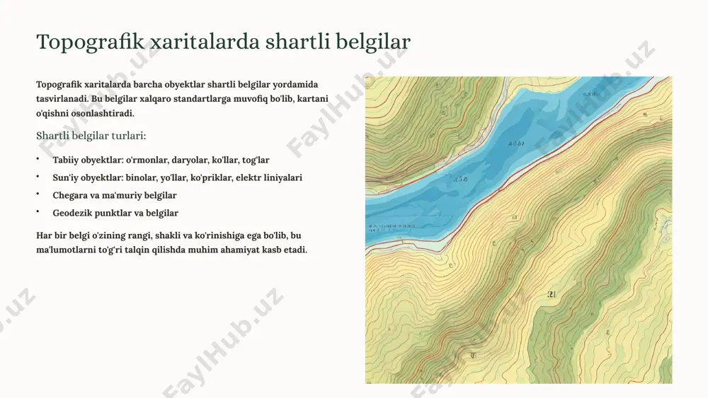 tr to'rlarigacha masofa o'lchanadi 2. o'lchangan masofa xarita masshtabiga ko'paytiriladi 3. hisoblangan qiymat jadvalga kiritiladi amaliy qo'llanilishi to'g'ri burchakli koordinatalar geodezik ishlarda, qurilishda va yer o'lchash amaliyotida keng qo'llaniladi. bu tizim yordamida joydagi nuqtalarni aniq belgilash mumkin. koordinata orttirmalari va yo'nalish burchagi koordinata orttirmalari ikki nuqta orasidagi koordinata farqi "orttirma" deb ataladi va quyidagicha hisoblanadi: bu orttirmalar yordamida ikki nuqta orasidagi masofa aniqlanadi: yo'nalish burchagi direksion burchak - bu shartli meridian yo'nalishi bilan berilgan yo'nalish orasidagi burchak. u soat mili yo'nalishida 0° dan 360° gacha o'lchanadi. burchakni aniqlash uchun: transportir yordamida o'lchash koordinata orttirmalari orqali hisoblash zamonaviy texnologiyalar va gat aerofotosyomka zamonaviy aerofotosyomka va masofadan zondlash texnologiyalari yordamida yuqori aniqlikdagi xaritalar yaratilmoqda. dronlar va maxsus kameralar yordamida istalgan hududning 3d modellari ham tuzilishi mumkin. geoinformatsion tizimlar (gat) gat dasturlari (arcgis, qgis) topografik ma'lumotlarni raqamli ko'rinishda saqlash, tahlil qilish va vizualizatsiya qilish imkoniyatini beradi. bu tizimlar yordamida murakkab fazoviy tahlillar o'tkaziladi. …