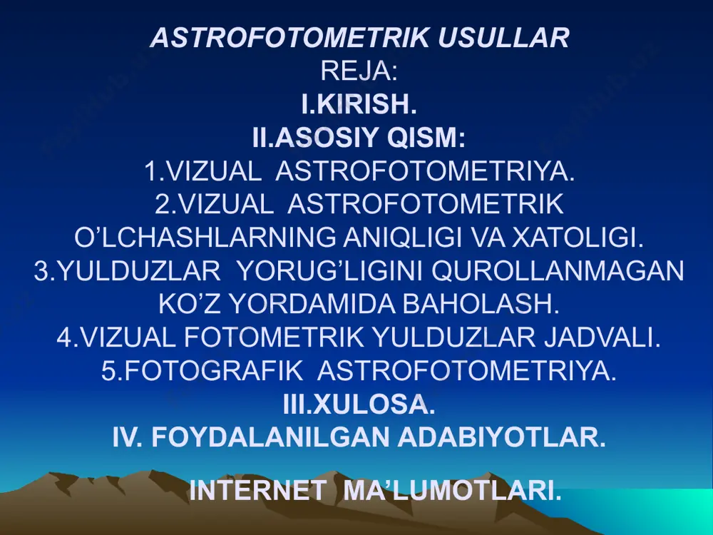 hi usujlning kamchiligi yulduz bitta yulduz bilan solishtiriladi bu uning kamchiligi ikkinchi usulda ikki yulduz yorug’liklari farqi xayolan 10ta bo’lakka bo’linadi. neyland-blajko usulida yulduzning yorug’ligi ikkala yulduzniki bilan bir vaqtning o’zida solishtiriladi va baholanadi. yulduzning yorug’ligini uning fotoplastinkaga tushirilgan tasvirga (negativdagi tasviriga) ko’ra aniqlash ,fotografik astrofotometriyaning asopsini tashkil etadi.yulduz qancha yorug’ bo’lsa uning negativdagi tasviri shuncha qora bo’ladi. yorug’ligi ma’lum manba sifatida naychalardan iborat fotometr yoki pog’onali xiralatgich qo’llaniladi. naychasimon fotometrning tasvirlarida yoritilganlik kiriksh teshiklarining radiusi kvadratiga (yuzaga) proporsional bo’lgani uchun 2ta tasvirning yulduziy kattaliklari ayirmasi tasvirlarning qoralik darajasi yoki fotografik zichligi (d) maxsus asbob mikrofotometr yordamida o’lchanadi. tasvirda,undan chetroqda (qoraymagan joyda,fonda) negativning toza joyida va fotoelement bekitilganda milliampermetrni ko’rsatishlari(tok kuchlari). foydalanilgan adabiyot image2.png image3.png image4.png image5.png image6.png image7.png image8.png image9.png image10.png image11.png image1.jpeg