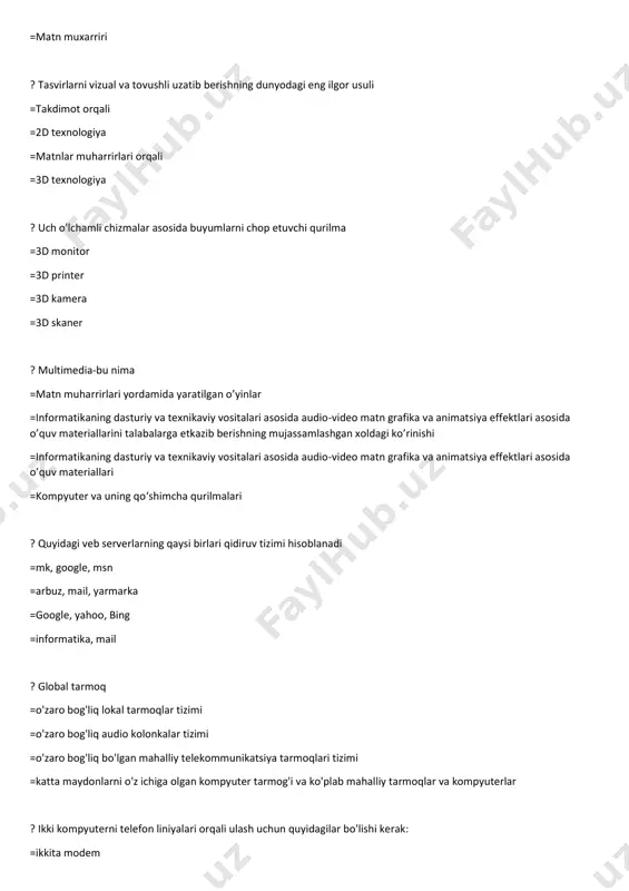 dasturiy ta'minot =har bir kompyuterda modem va maxsus dasturlar orqali =modem ? elektron pochta: =qidiruv dasturi =kompyuter tarmoqlarida xatlar almashish (elektron pochta) =pochta serveri nomi =matn muharriri dasturi ? http protokoli quyidagilar uchun xizmat qiladi: =gipermatnli uzatish va ko’rsatish =dasturni uzoqdagi kompyuterdan ishga tushirish =fayl uzatish =xabarlarni boshqarish ? mahalliy tarmoqni tashkil qilish uchun kompyuter tarmog'ining qaysi tarkibiy qismlari talab qilinadi? =aloqa liniyalari, tarmoq kartasi, tarmoq dasturlari =server kompyuter, ish stantsiyalari =tarmoq kartasi, tarmoq dasturi =modem, server kompyuter ? web-sahifalarni ko'rish uchun quyidagilar mo'ljallangan: =pochta tizimlari =telekonferentsiya =provayderlar =brauzerlar ? kompyuterlarni ulash sxemalaridan qaysi biri yopiq zanjir hisoblanadi? =halqa =shina =yulduz =daraxt ? fayllarni tarmoq orqali uzatish uchun qaysi protokol ishlatiladi . =cmpt =ftp =pop3 =http ? to'g'ri elektron pochta manzilini tanlang: =ivan_petrov@mail.ru =ivanpetrov @ pochta =ivanpetrov.mail.ru =ivan_petrov.mail.ru ? internetda elektron pochta manzili o'rnatilgan: fortuna@list.ru. pochta serverining nomi nima? =fortuna@list.ru =ro'yxat =fortuna =list.ru ? internetga ulangan kompyuterda … bo'lishi kerak …