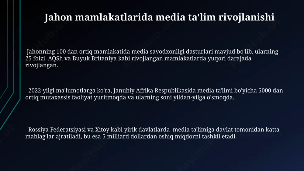 arajasi 15% ga past. media va madaniy xilma-xillik afrikaning 20 ga yaqin mamlakatida mahalliy tillardagi radio va televideniye dasturlari sonining ko'payishi tufayli madaniy xilma-xillik media orqali 15% ga oshgan. o'zbekiston kabi markaziy osiyo davlatlarida media madaniyati rivojlanishi mintaqaviy tillarning ommaviy axborot vositalarida qo'llanilishi orqali 5-10% ga o'sgan. jahonning 100 dan ortiq mamlakatida media savodxonligi dasturlari mavjud bo'lib, ularning 30 foizi madaniy xilma-xillikni aks ettirishga qaratilgan, xususan, hindiston va braziliya kabi ko'p millatli davlatlarda. kattalar uchun media ta'limi o‘zbekistonning 5 ta yirik shaharlarida 2022-yilda kattalar uchun media savodxonligi bo‘yicha 1000 dan ortiq odamni qamrab oluvchi o‘quv kurslari o‘tkazildi. samarqand viloyatida 2023-yil davomida 300 ga yaqin katta yoshdagi fuqarolarga dezinformatsiya va manipulyatsiya texnikalarini aniqlash bo‘yicha treninglar o‘tkazildi. toshkentdagi "media ta'limi markazi" 20 dan ortiq turli yoshdagi va kasbdagi kattalar uchun onlayn va oflayn media savodxonlik dasturlarini taklif etadi. media ta'limini rivojlantirishdagi qiyinchiliklar o'zbekiston kabi rivojlanayotgan mamlakatlarda media savodxonligini oshirish uchun yetarli moliyaviy …