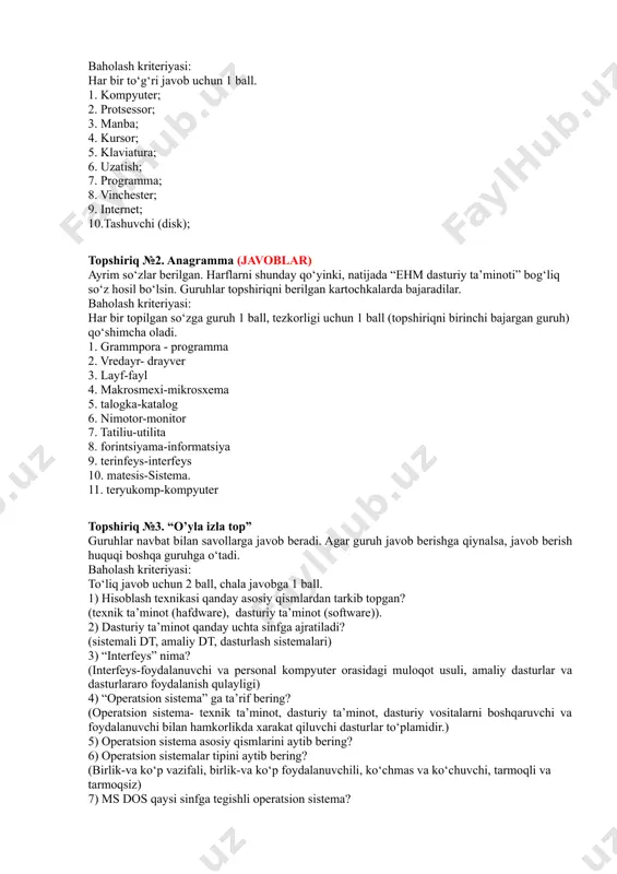 nologiyalardan foydalanish samarali natijalarga olib keladi. muammoli ta’lim texnologiyasi. talabalarda ijodiy izlanish, kichik tadqiqotlarni amalga oshirish, muayyan farazlarni ilgari surish, natijalarni asoslash, ma’lum xulosalarga kelish kabi ko‘nikma va malakalarni shakllantirishga xizmat qiladigan ta’lim muammoli ta’lim deb ataladi. kommunikativ o‘qitish - bu o‘quvchilarda kommunikativ (og’zaki nutqli muloqot, kirishimlilik) aloqaga asoslangan o‘qitish usuli. bunga “aqliy hujum”, “debat”, “tok-shou” va boshqa o‘quvchilarda nutqiy qobiliyatni shakllantirish texnologiyalari kiradi. faollashtirishga qaratilgan texnologiyalardan foydalanishga qo‘yilgan talablar. informatika fanlarini o‘qitish jarayonida o‘quvchilar o‘quv-biluv faoliyatlarini faollashtirish texnologiyalarini tahlil qilish natijasida bu texnologiyalardan foylalanishda quyidagi talablar mavjud: · o‘quvchilarda motivatsiyali faoliyatni shakllantirish: · o‘quvchilarning bilish faoliyatini shakllantirish, individual qobiliyatlarini rivojlantirib borish; · guruhdagi har bir o‘quvchining faol ta’lim jarayoniga ishtirokini ta’minlash; · berilgan mustaqil ishlarni bajarishda o‘quvchilar faolligini ta’minlashga erishish va h.k. o‘quvchilar faoliyatini faollashtirish texnologiyalaridan namunalar: umumlashtiruvchi o’yin-dars. 1.tashkiliy qism fan: ehm dasturiy ta’minoti. bob nomi: operatsion sistemalar bobning dars mavzulari: “ehm dasturiy ta’minoti” tushunchasi. asosiy terminlar va …