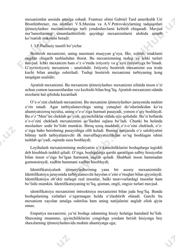 qirrali jarayondir. u ayniqsa bolalik va yoshlik davrida nihoyatda jadallik bilan kechadi. chunki aynan bolalikda asosiy ijtimoiy meʼyorlar oʼzlashtiriladi. bola ijtimoiylashuvida sotsium muhim ahamiyatga ega. bu ijtimoiy muhitni bola asta-sekinlik bilan oʼzlashtiradi. agar bola tugʼilgandan keyin asosan oilada rivojlansa, uning keyingi rivojlanishi turli muhitlar - maktabgacha taʼlim muassasalari, maktab, maktabdan tashqari tarbiya muassasalari, turli koʼngilochar maskanlarda kechadi. yosh oʼsib borgan sari ijtimoiy muhit “hududi” kengayib boradi. bola qanchalik koʼp muhitlarni oʼzlashtirsa, u shunchalik keng doira hududini egallashga harakat qiladi. bola doimo oʼzi uchun qulay boʼlgan uni yaxshi tushunadigan, unga hurmat bilan munosabatda boʼladigan muhitni izlashga urinadi. shuning uchun u bir muhitdan boshqa muhitga koʼchib yuradi. muhit bolaning shakllanishida, uning ijtimoiy tajriba toʼplashida ijtimoiylashuv jarayoni uchun muhim ahamiyatga ega. muhit tushunchasi turli fan vakillari-sotsiologlar, psixologlar, pedagoglarning oʼrganish obʼekti hisoblanadi. ular muhitning bunyodkorlik salohiyati va bola shakllanishi, rivojlanishidagi taʼsirini oʼrgandilar. ijtimoiylashuv mexanizmlari. insonning ijtimoiylashuvi turli omillar, agentlar bilan hamkorlikda va bir qator …