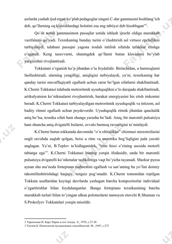 yratlantirdi. r.shuman uchun tokkata yaratishda bir qator zamonaviy asarlar, xususan, fransuz kompozitori va pianinochisi jorj onslovning kapris va or.6 tokkatasi turtki bo’lib xizmat qildi. uning asaridagi so’nmas energiya, garmonik originallik o’sha davrda yaratilgan shu kabi tajribalarning barchasini ortda qoldirdi. r.shuman tokkatasi – o’zining qat’iy uslubiga qaramay tinglovchiga teran, zabt etuvchi sehr bilan ta’sir o’tkazadigan, originallik va yangilikka to’la asardir. tokkata - sonata shaklida yozilgan bo’lib, bu ham uni shunga o’xshash asarlar orasidan ajratib turadi. r.shumanning novatorligi pyesaning dadil garmonik tilida, kompozitorga xos bo’lgan polifonik bayon uslubi bilan bog’liq akkordli va akkordsiz tovushlar kesishuvida ham namoyon bo’ldi. asar ikki taktli muqaddima bilan ochiladi, unda r.shumanning epigrafimperativi tinglovchilarni to’xtovsiz tovush oqimi bilan shiddatli tarzda intilayotgan voqealarga chorlagan holda, mag’rurlik bilan e’lon qilinadi: № 43 misol. bosh partiyaning akkordli tuzilmasi, to’rtovozli bayoni barmoqlarni faol ishlashga, spetsifik motorli zarbli texnikadan foydalanishga majbur qilib, juda katta aniqlik va zarblar mustahkamligini talab etadi. ҳosil bo’lgan dissonans …